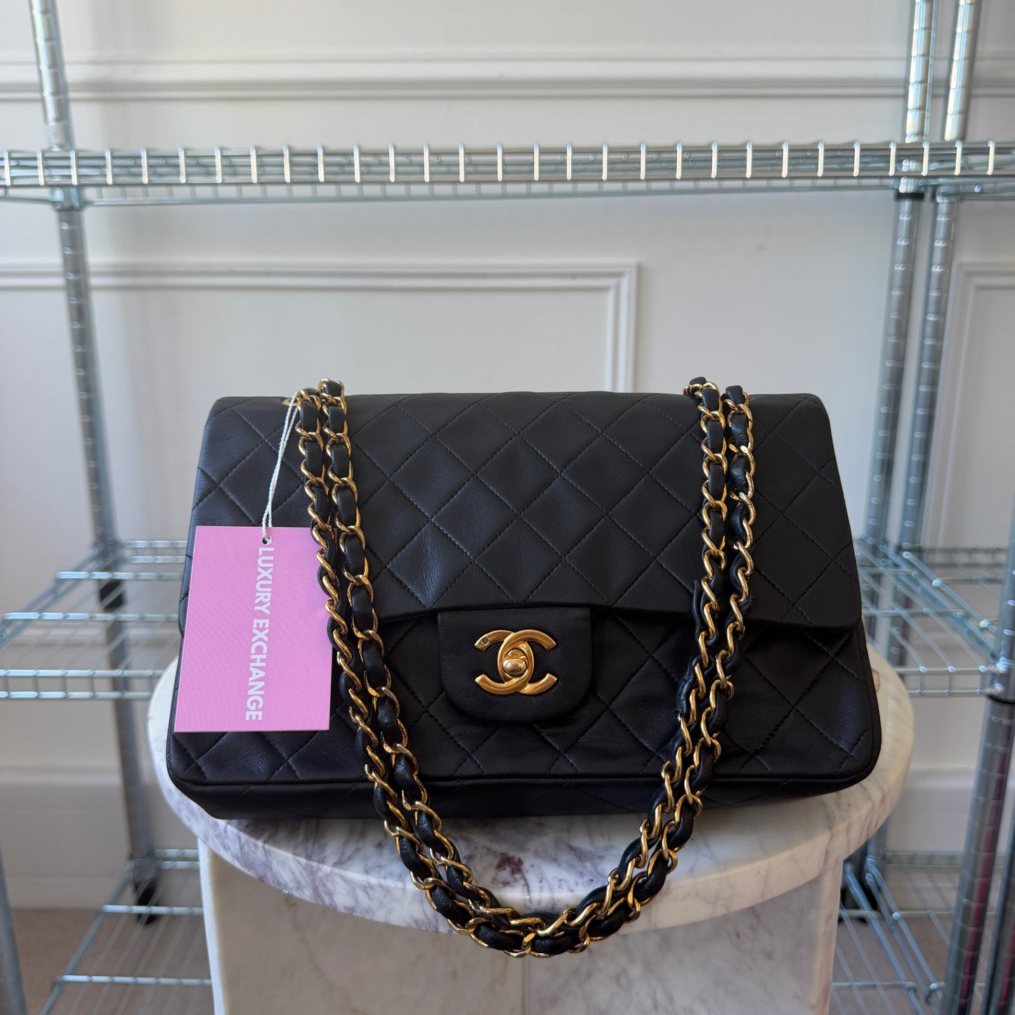 Pre-Owned Black Matelassé Lambskin Medium Classic Double Flap 24KGHW