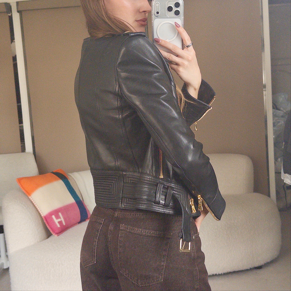 Pre-Owned Black/Gold Detail Leather Jacket (36)