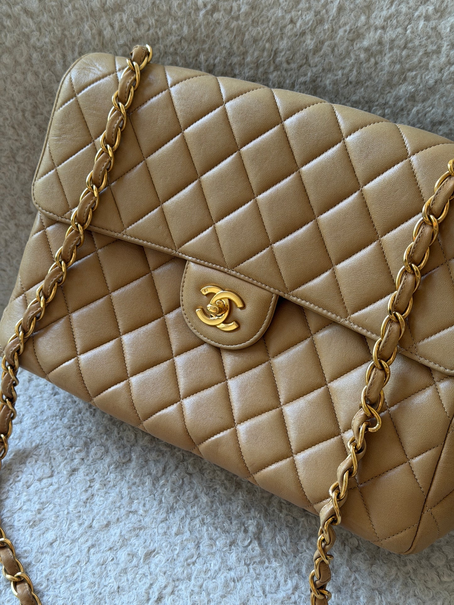 Beige Lambskin Leather Jumbo Single