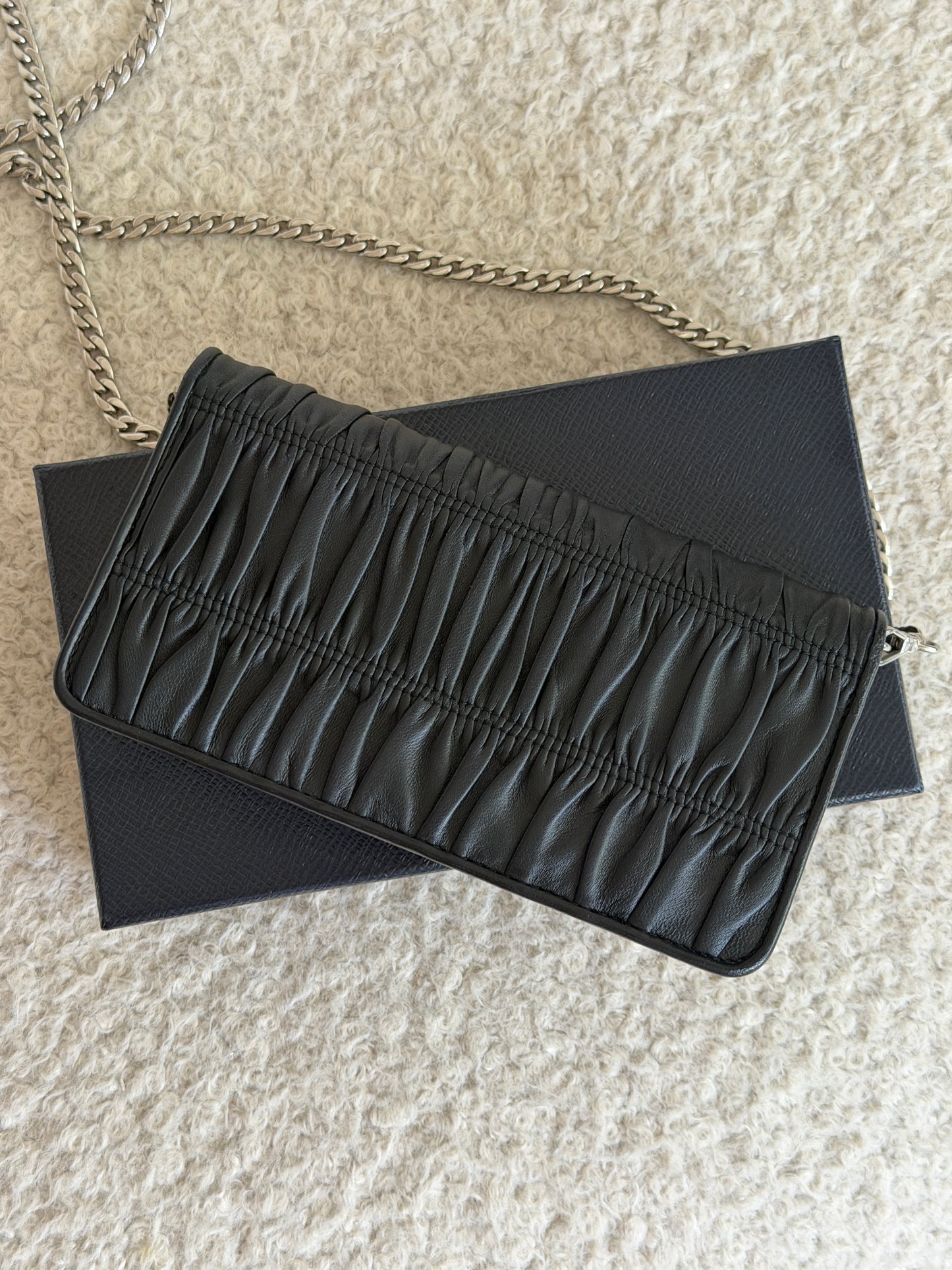 Pre-Owned Black Ruffled Leather Wallet on Chain