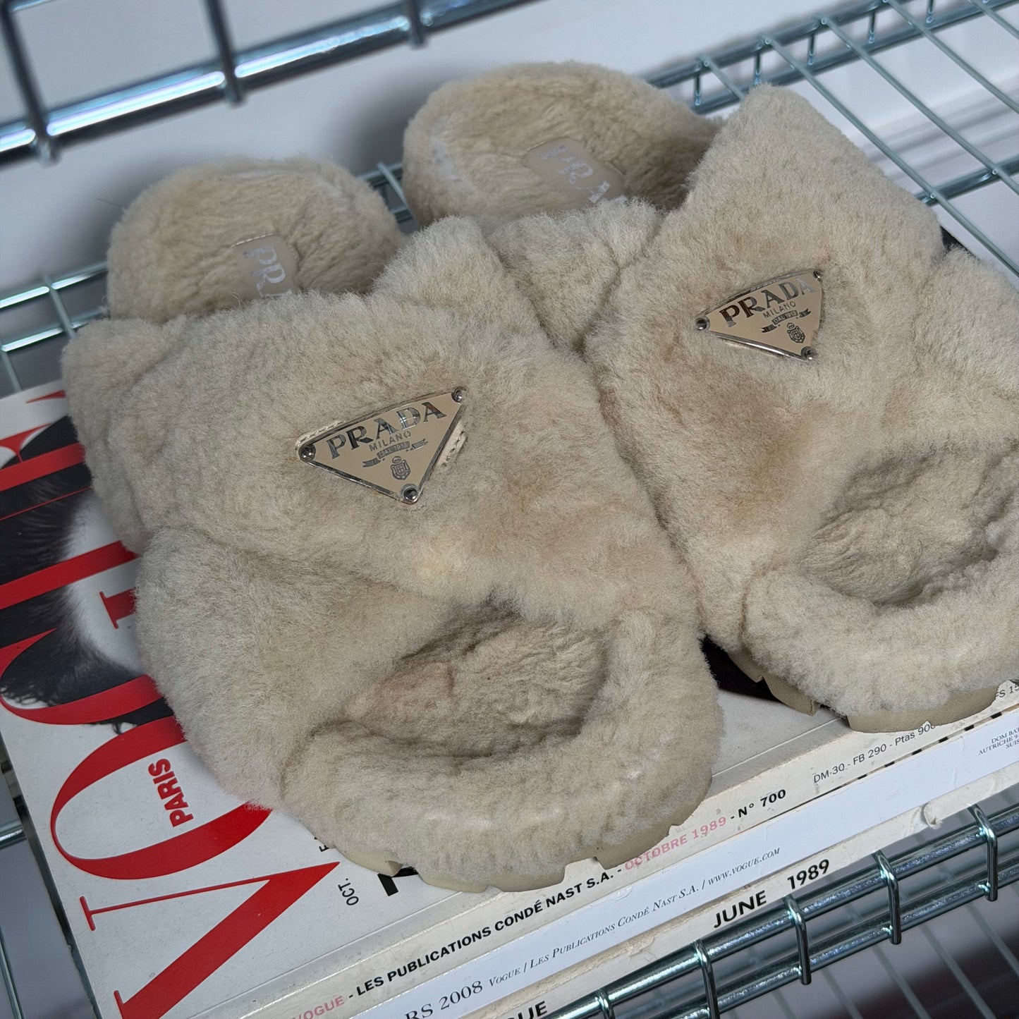 Beige Faux Fur Slides Size 38