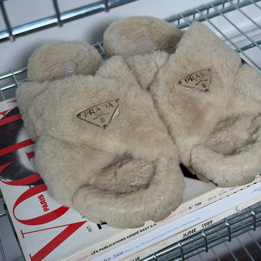 Beige Faux Fur Slides Size 38
