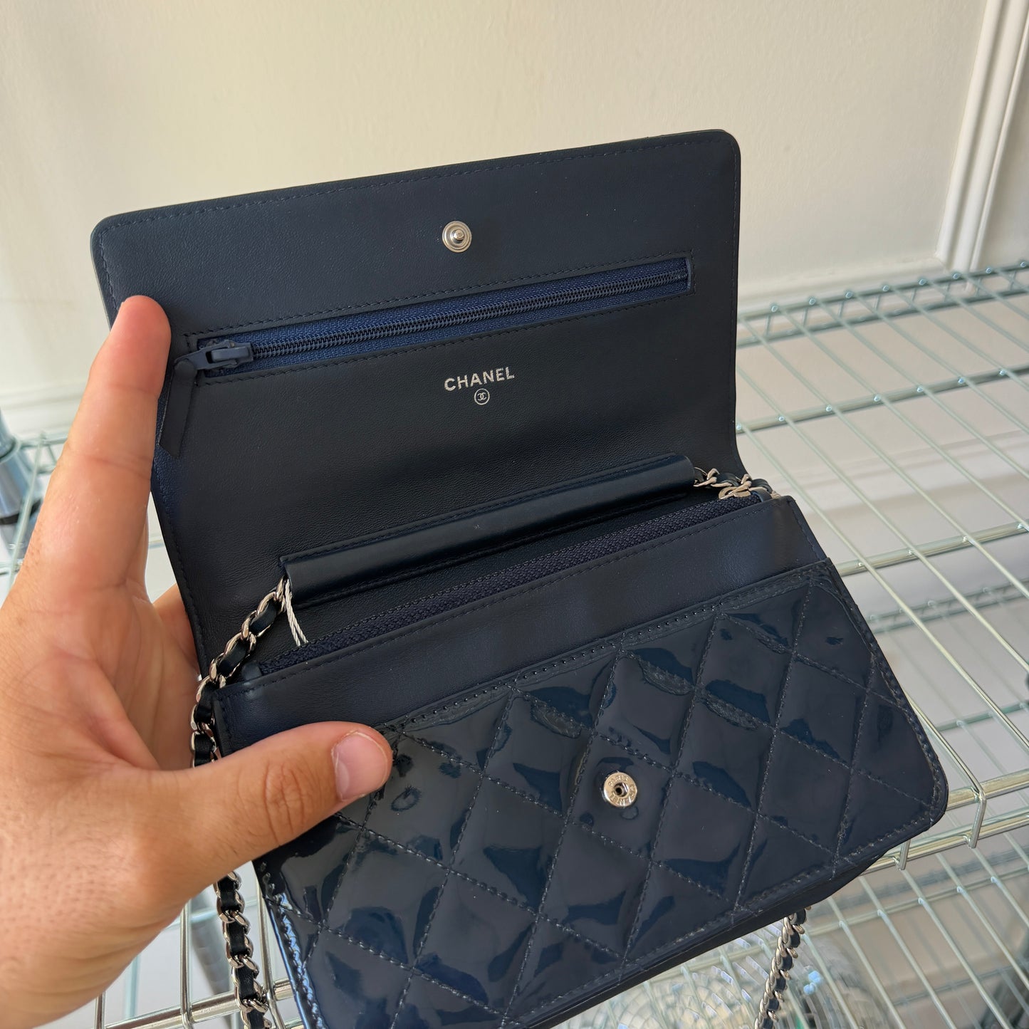 Pre-Owned Navy Patent Leather Wallet on Chain