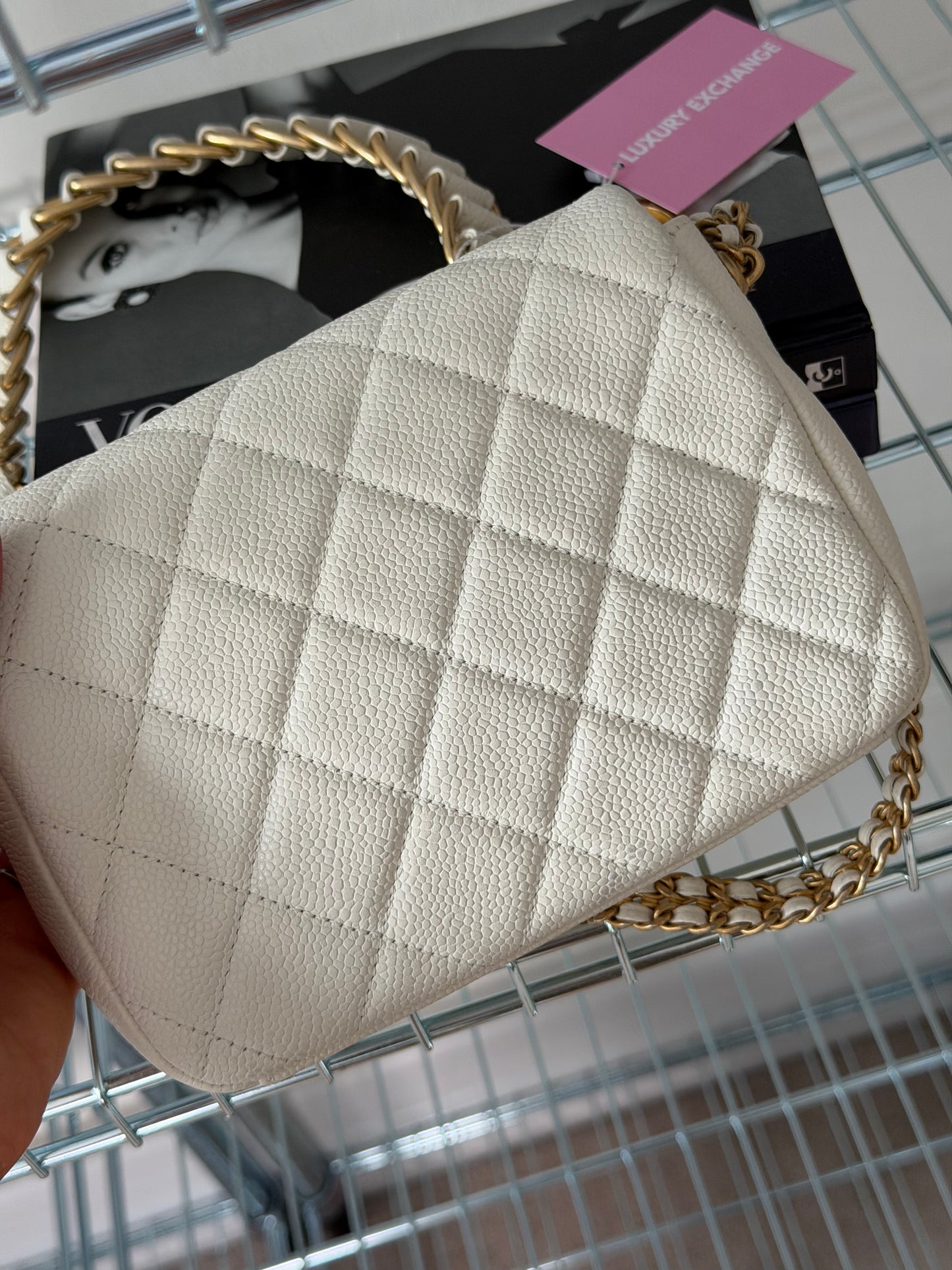 Pre-Owned White Caviar Double Chain Square Single Flap Crossbody Bag