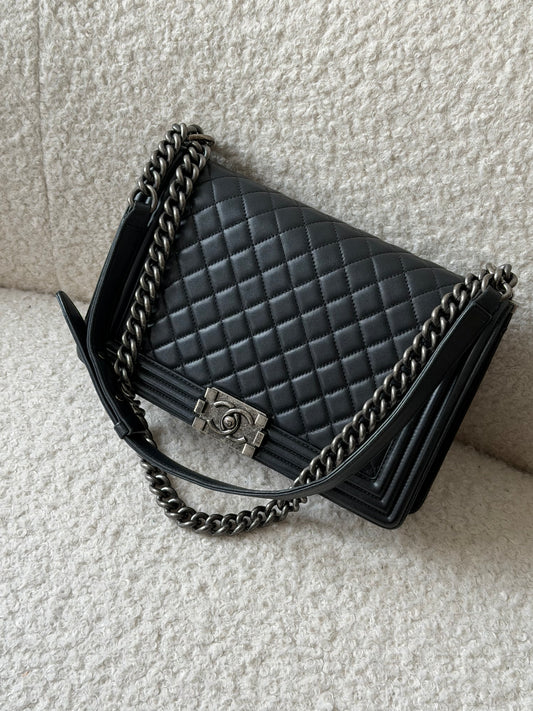 Black Lambskin Large Boy Single Flap Crossbody