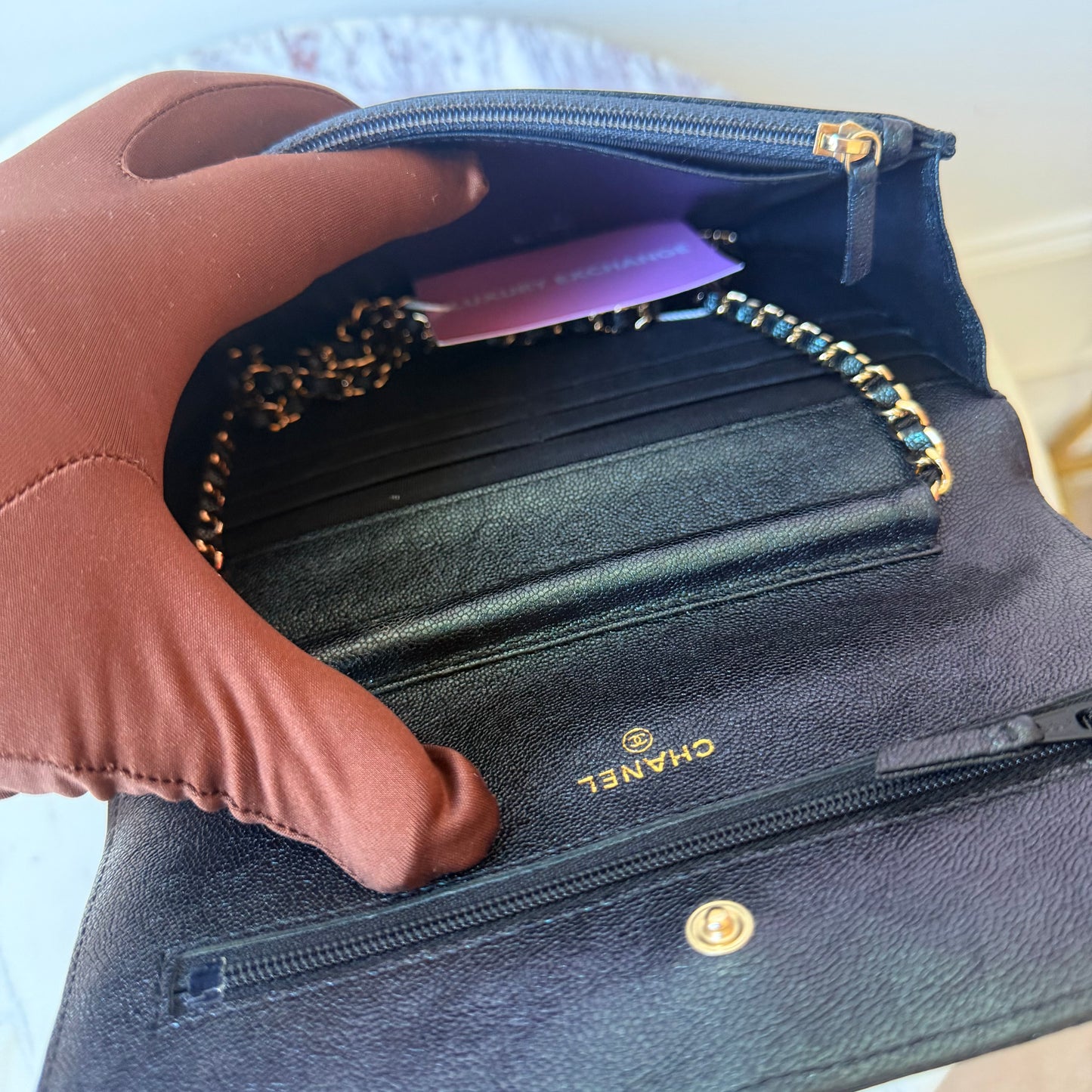 2019 Iridescent Shiny Caviar Leather Wallet on Chain Handbag