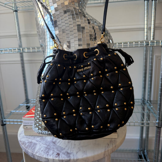 Pre-Owned Black Gold Studded Leather Bucket Bag