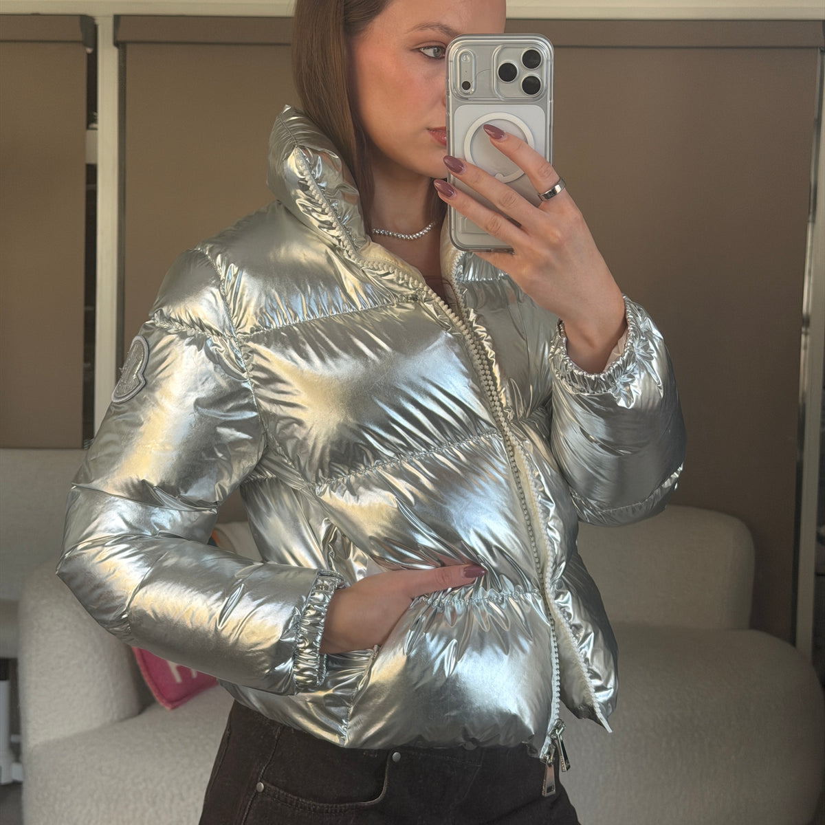 Pre-Owned Silver Metallic Down Jacket Size 0