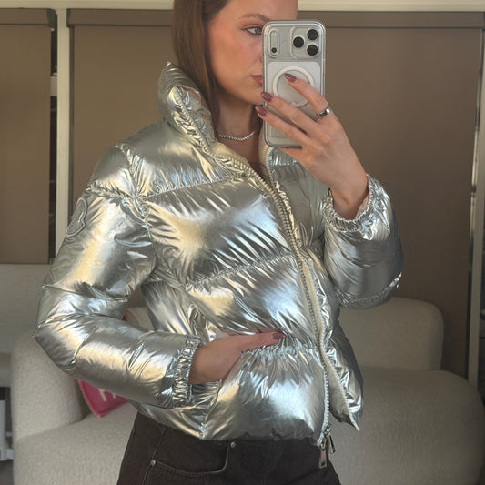 Pre-Owned Silver Metallic Down Jacket Size 0