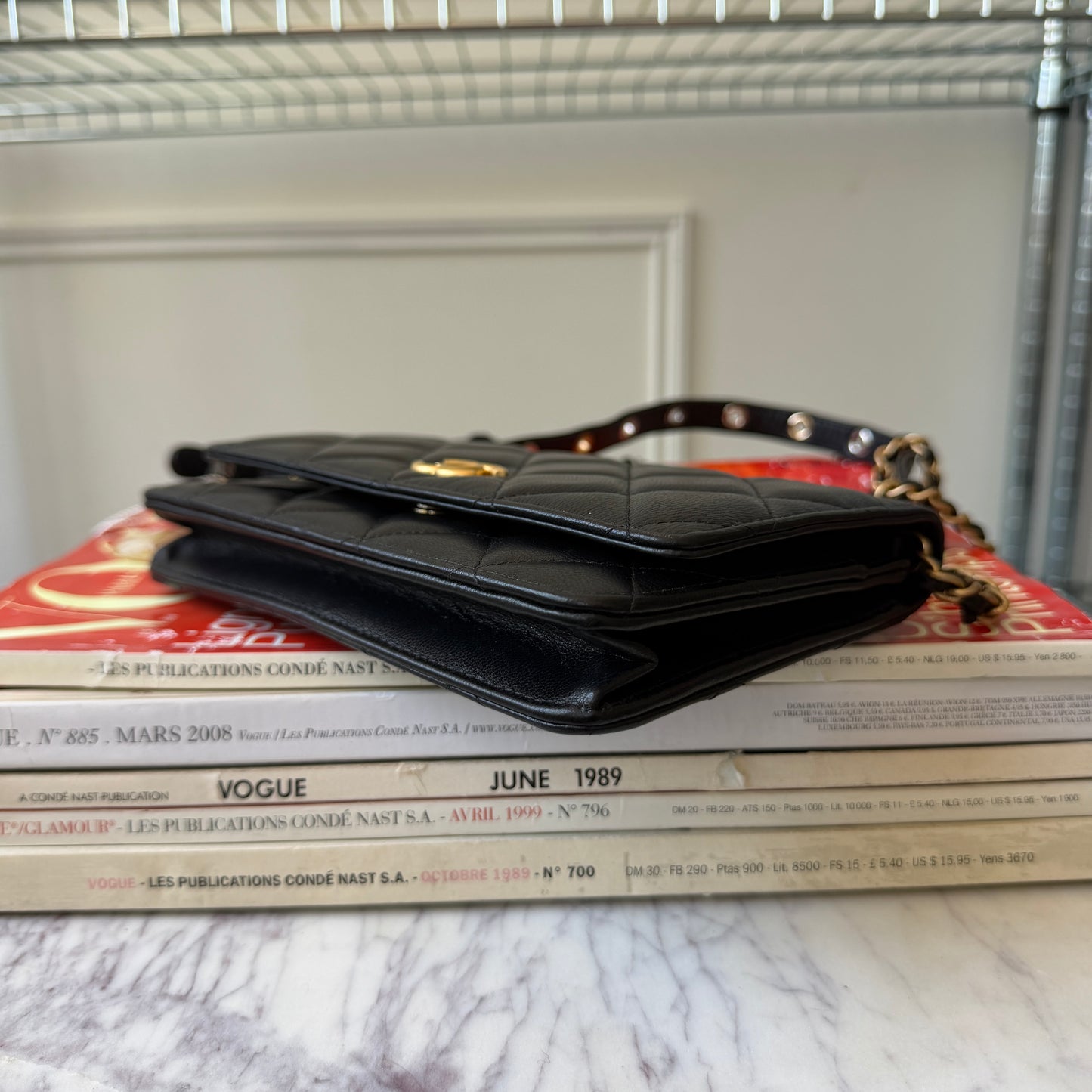 Pre-Owned Black Matelassé Lambskin 'Grommet' Wallet on Chain