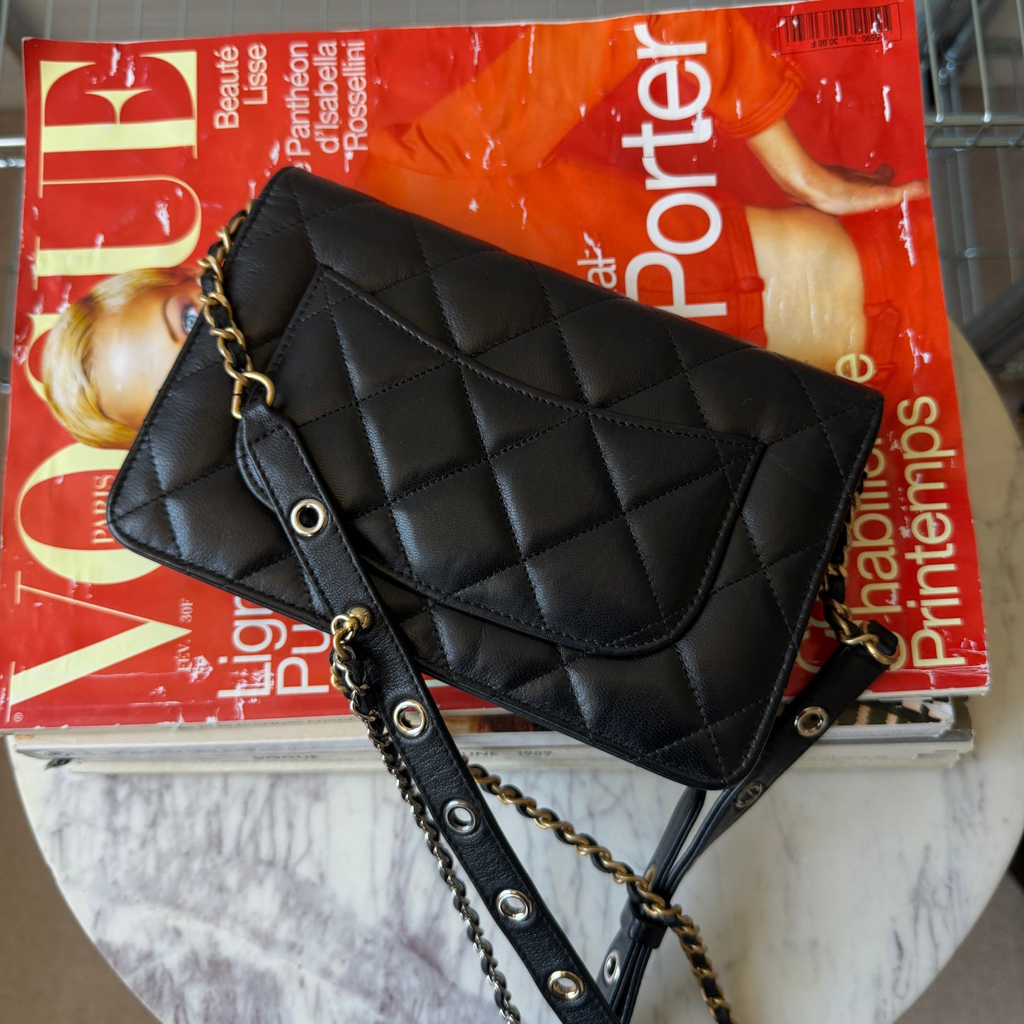 Pre-Owned Black Matelassé Lambskin 'Grommet' Wallet on Chain