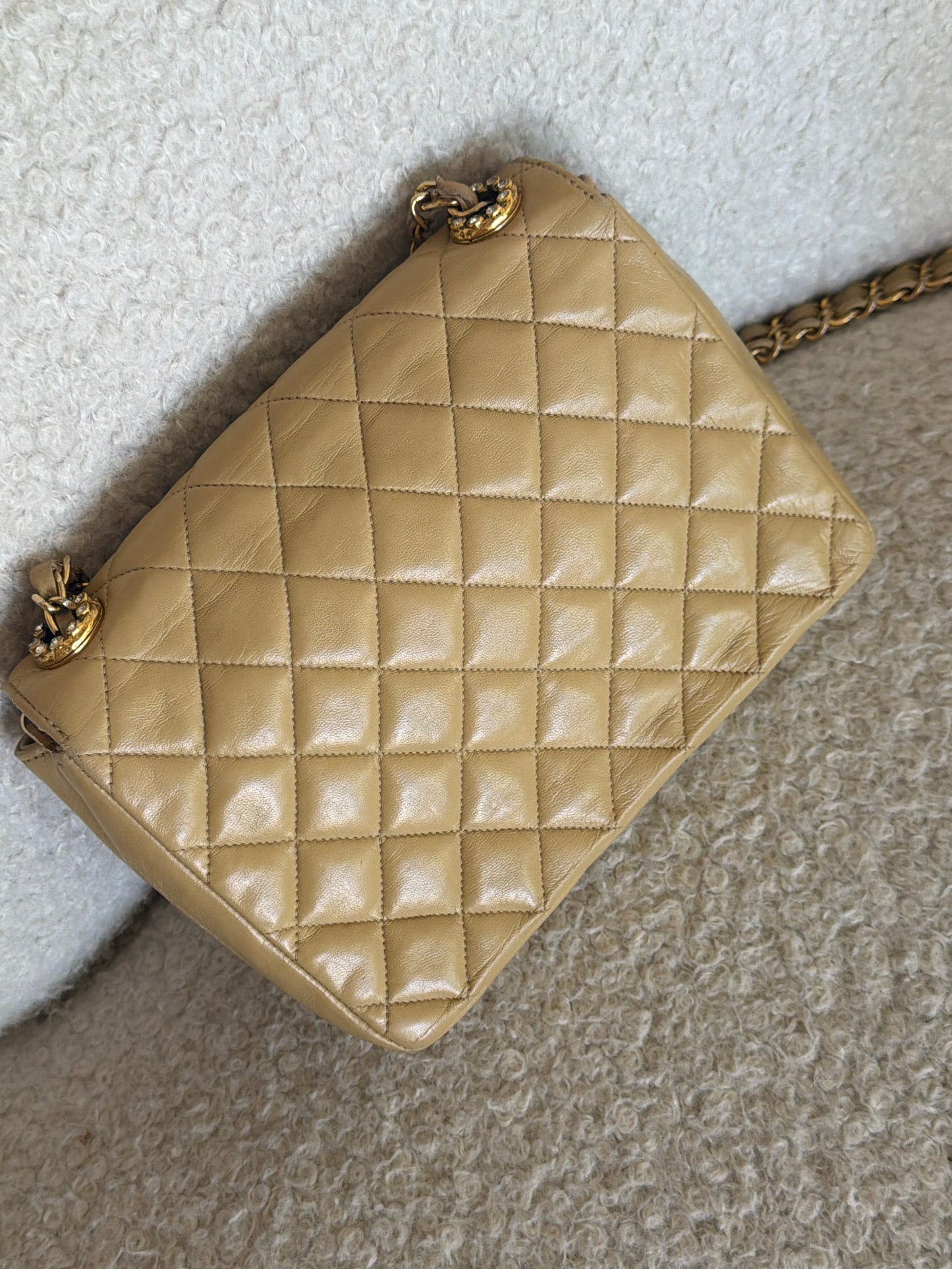Pre-Owned Beige Jewelled Lambskin Single Flap Shoulder Bag