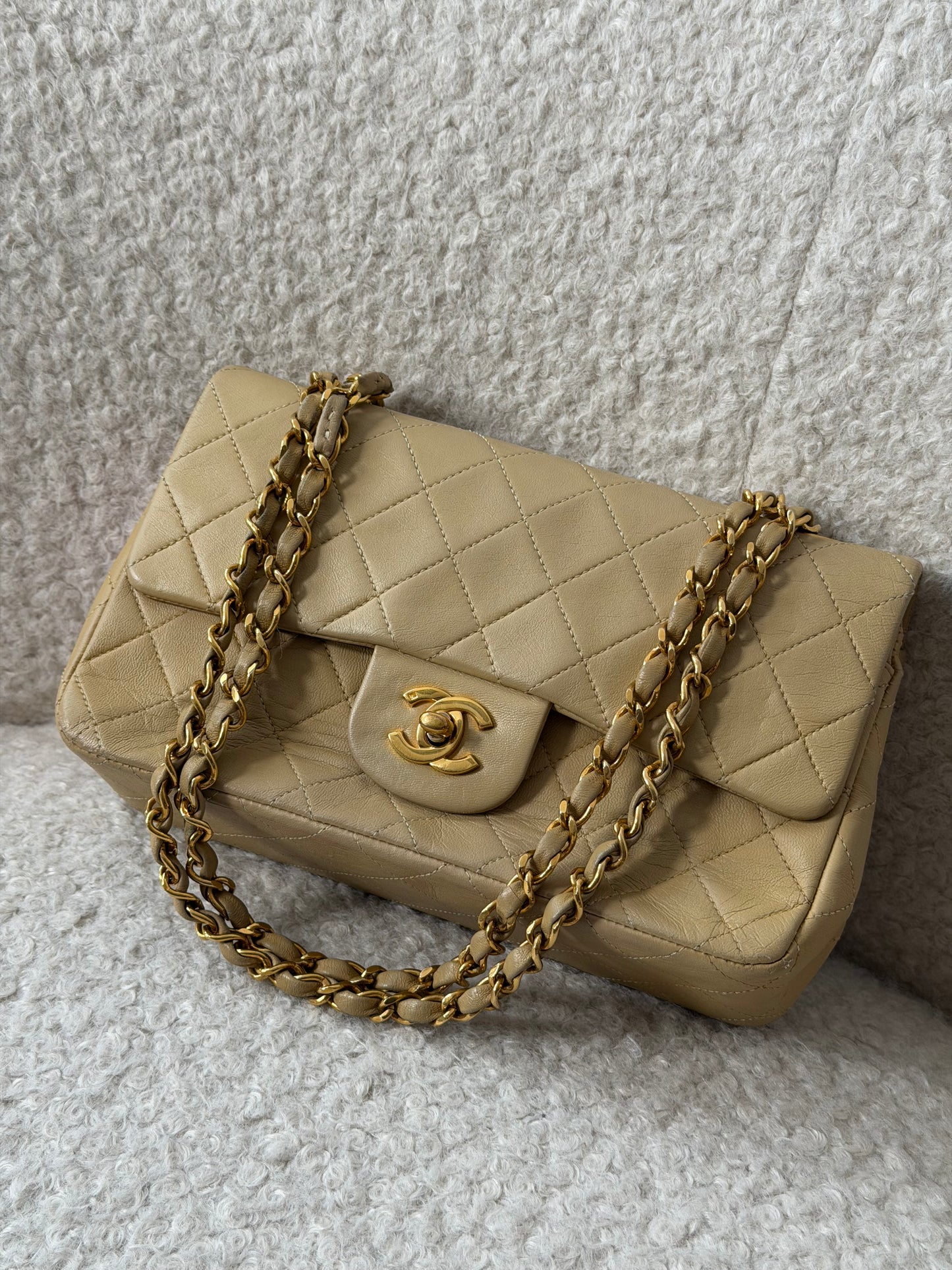 Beige Lambskin Small Classic Double Flap 24KGHW