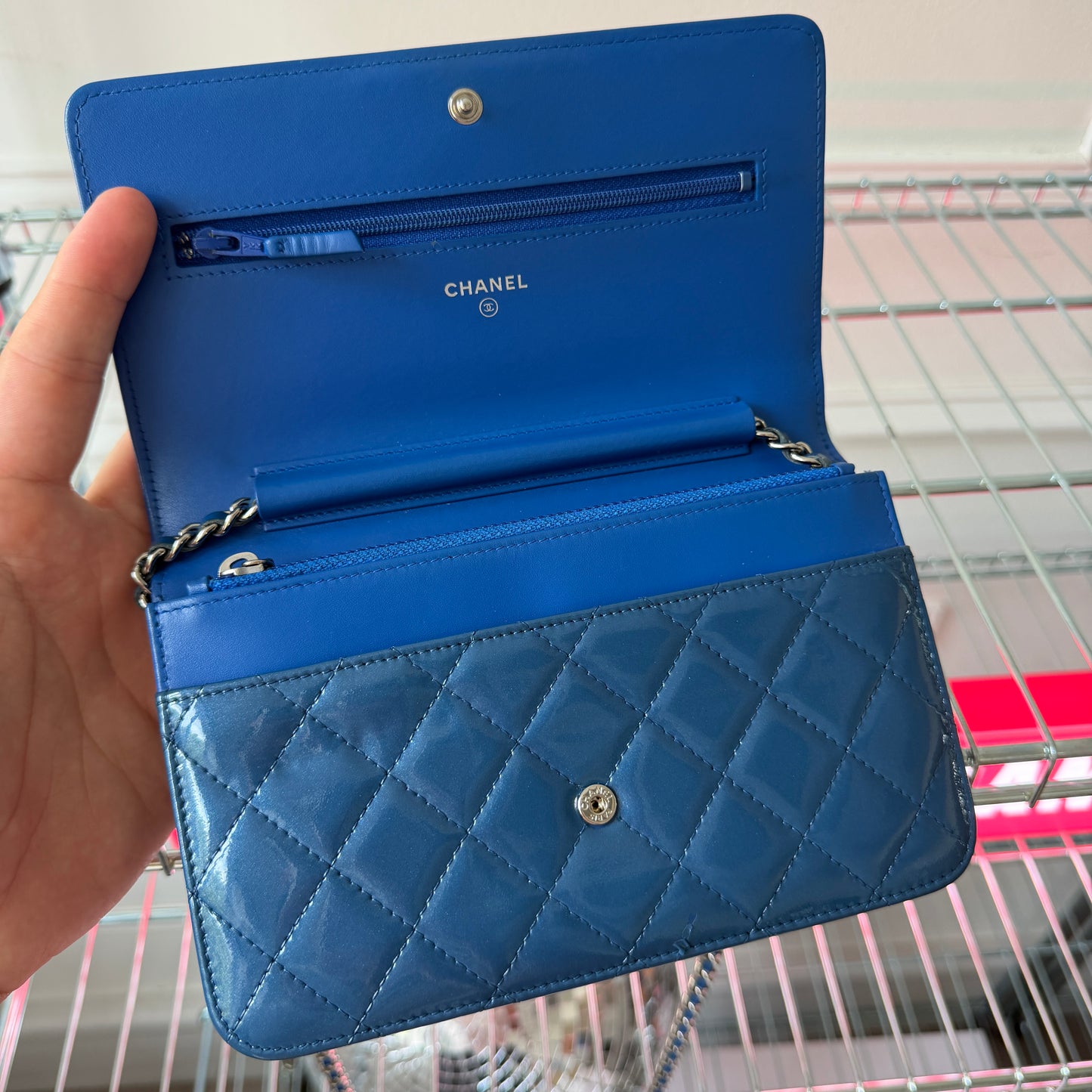 Pre-Owned Blue Boy Patent Leather Wallet on Chain