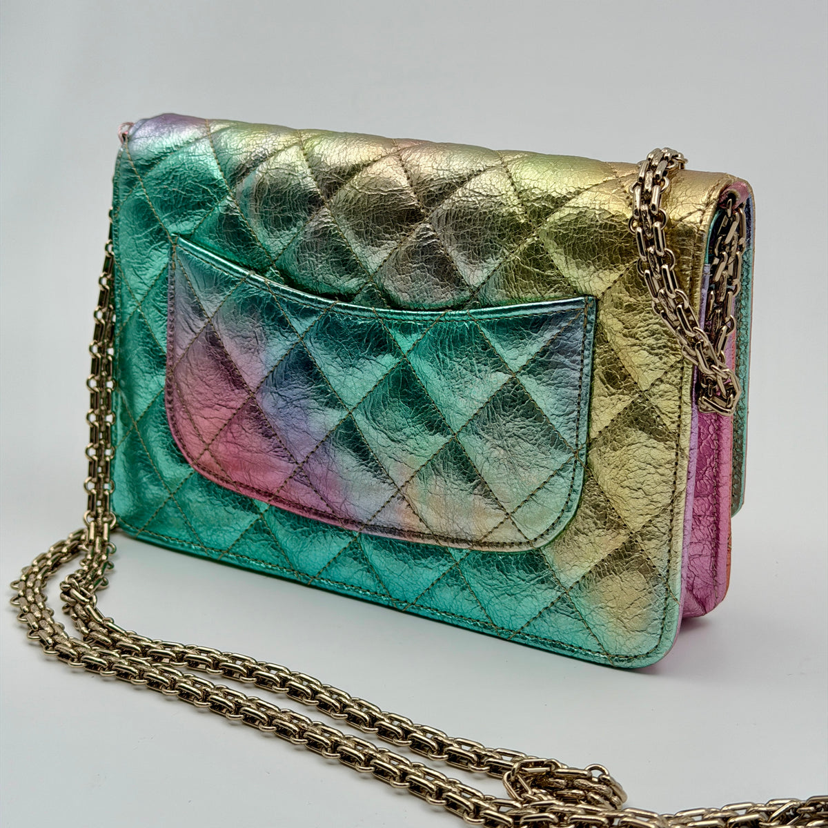 Pre-Owned Iridescent Calfskin Leather Wallet on Chain