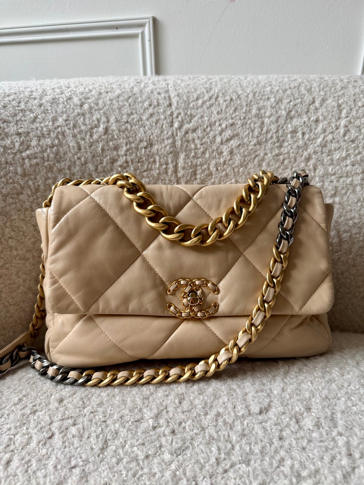 Beige Lambskin Leather 19 Single Flap Crossbody Bag
