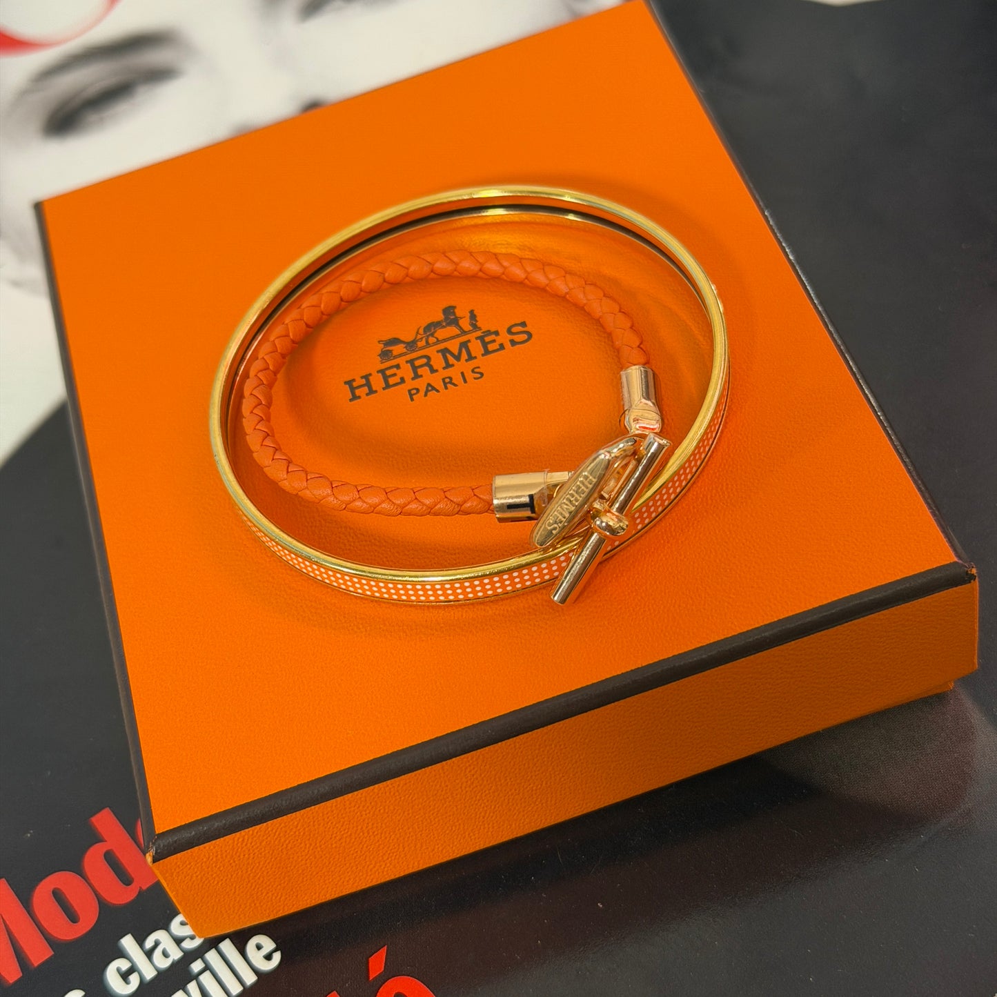 Pre-Owned Rose-Tone Gold Orange Leather Bracelet New without tags