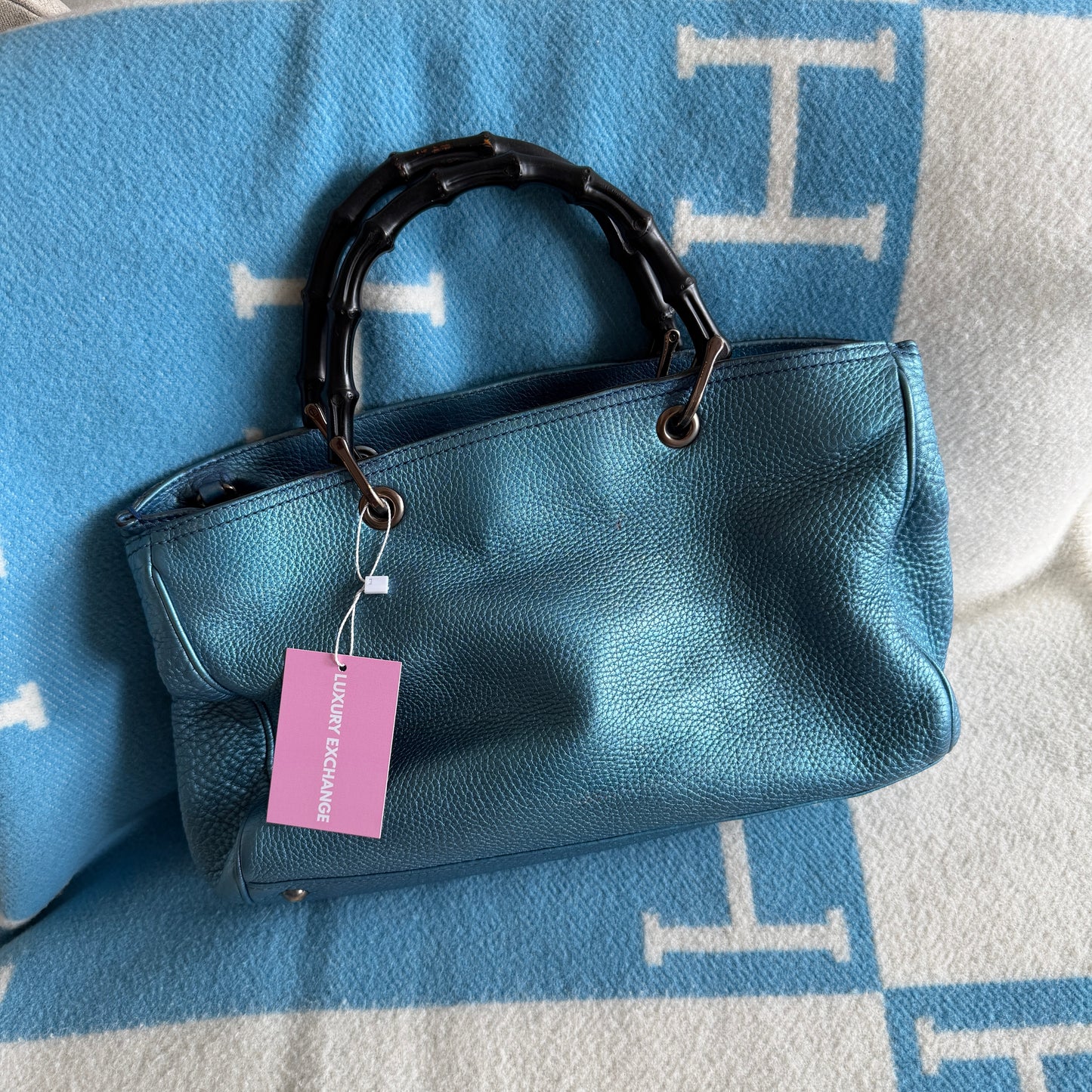 Pre-Owned Blue Metallic 'Bamboo' Leather Handbag