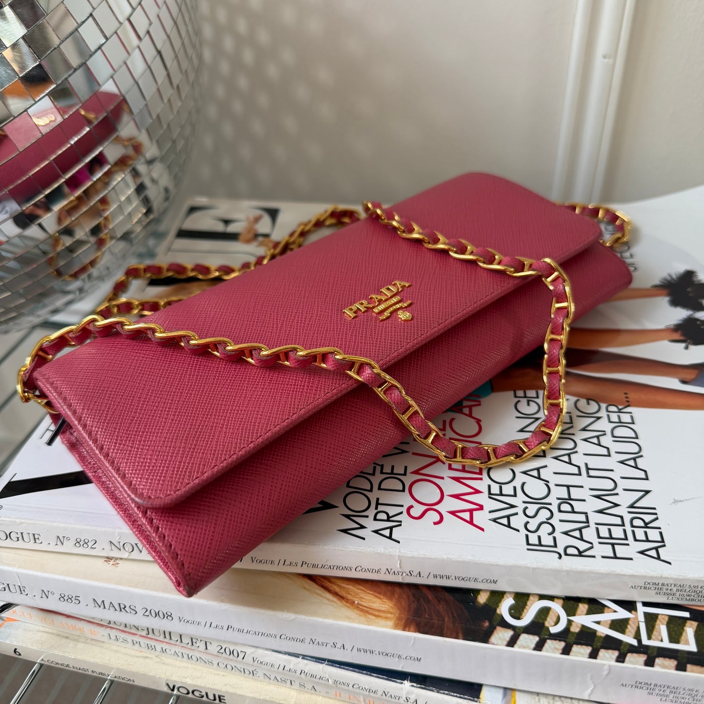 Pre-Owned Pink Saffiano Leather Wallet on Chain