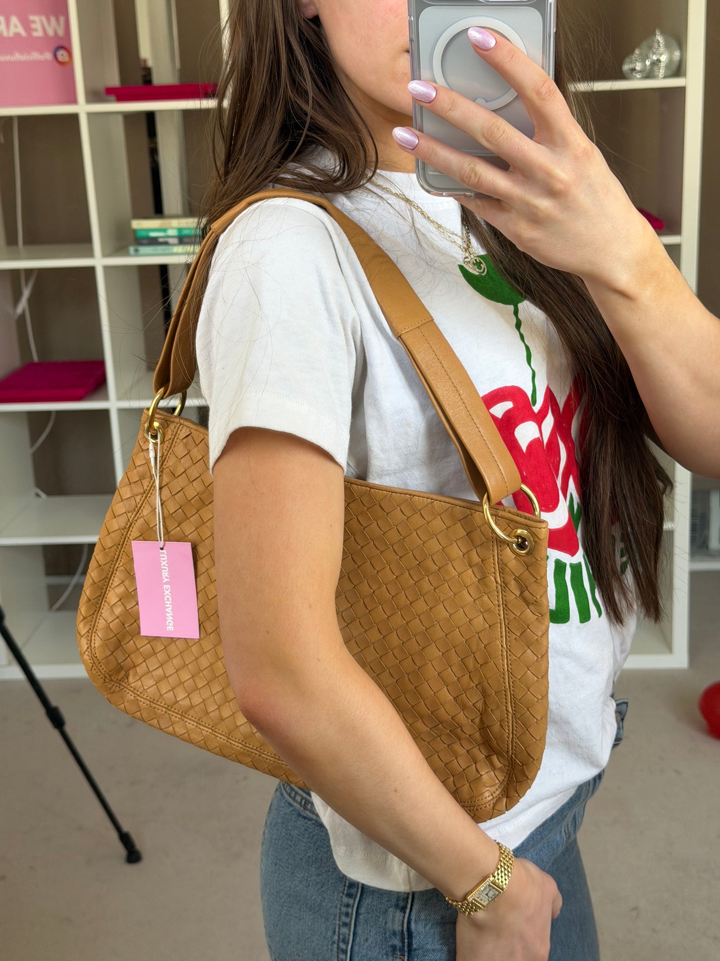 Tan Intrecciato Leather Shoulder Bag