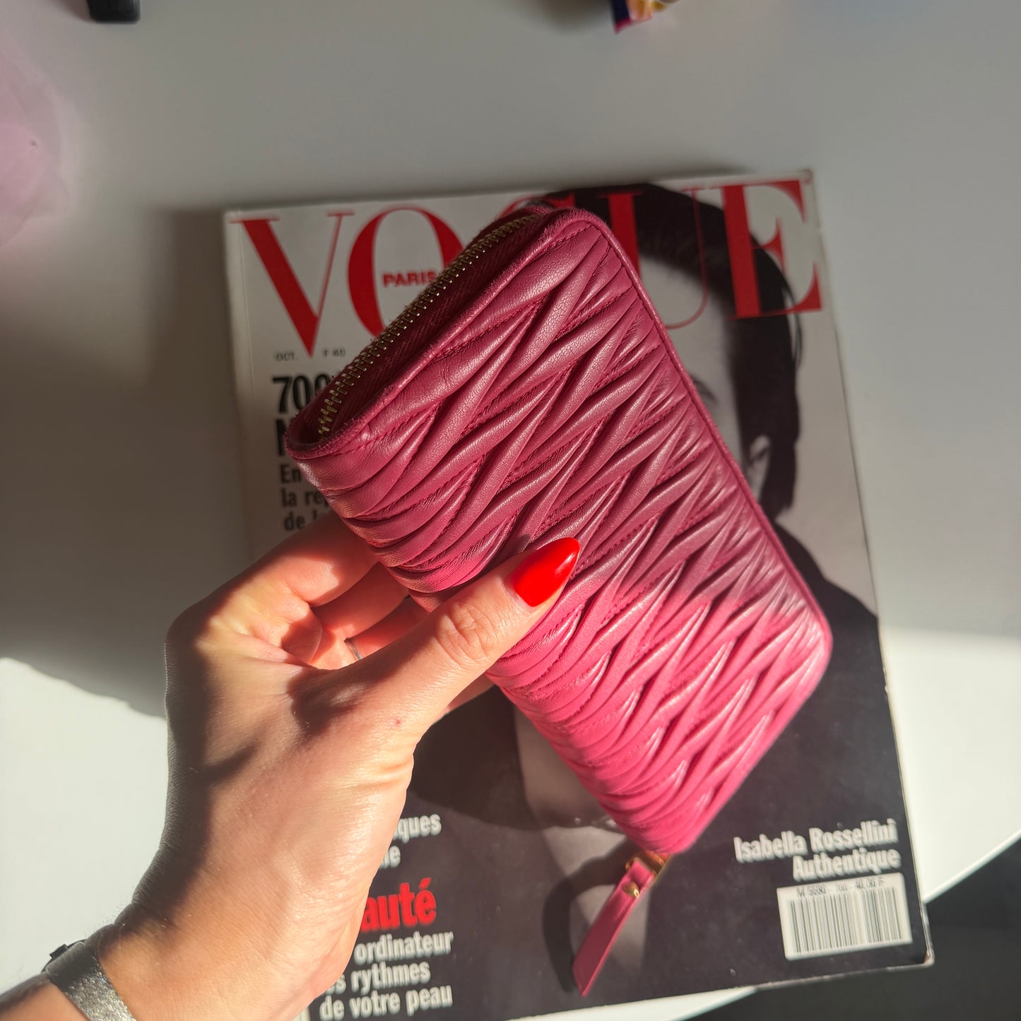 Pre-Owned Pink Ruffled Leather Zip Wallet