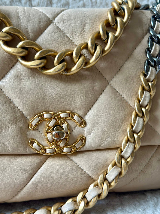 Beige Lambskin Leather 19 Single Flap Crossbody Bag