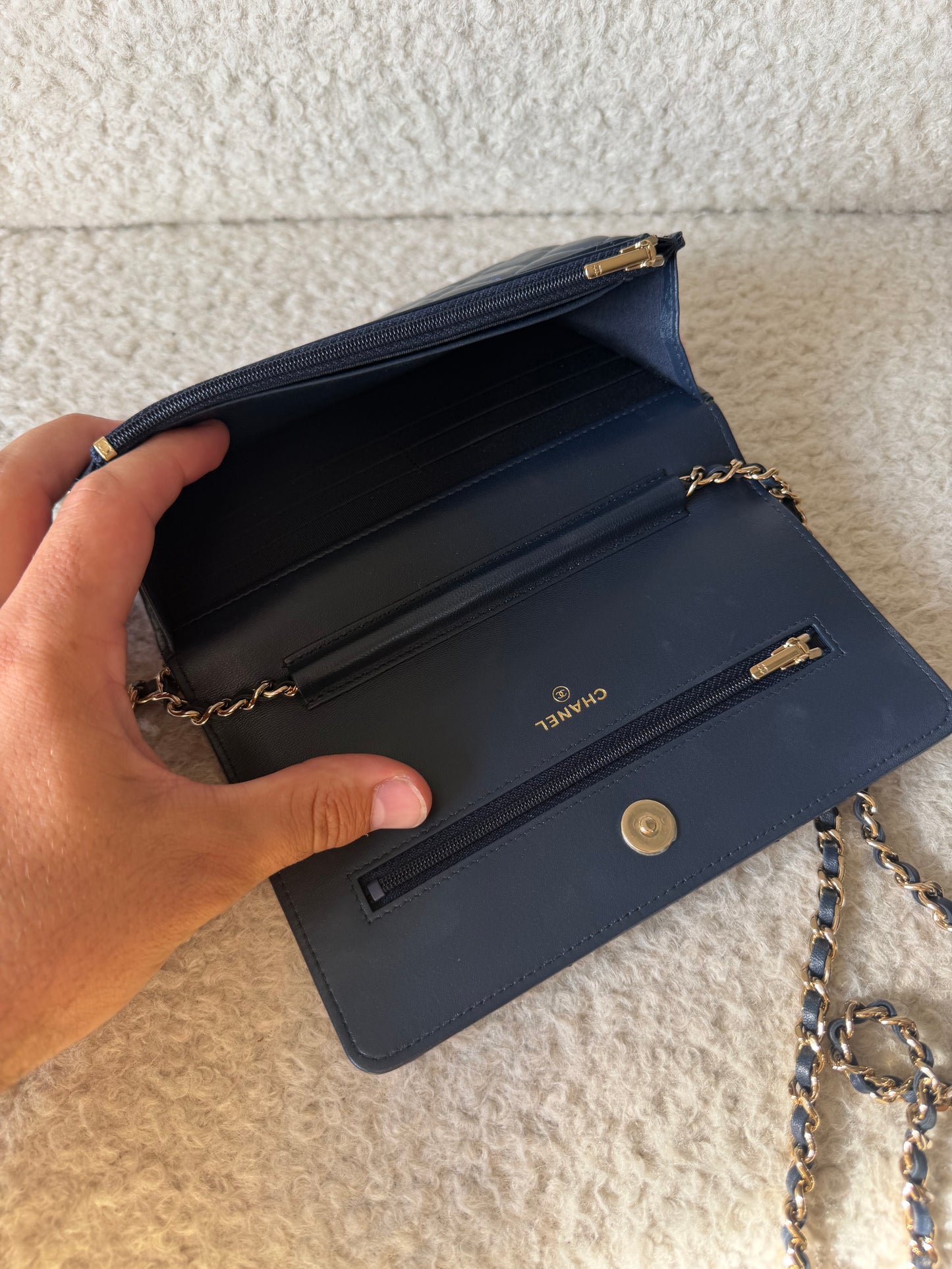 Pre-Owned Navy Matelassé Lambskin Leather Wallet on Chain