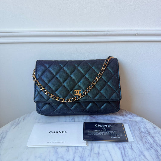 2019 Iridescent Shiny Caviar Leather Wallet on Chain Handbag