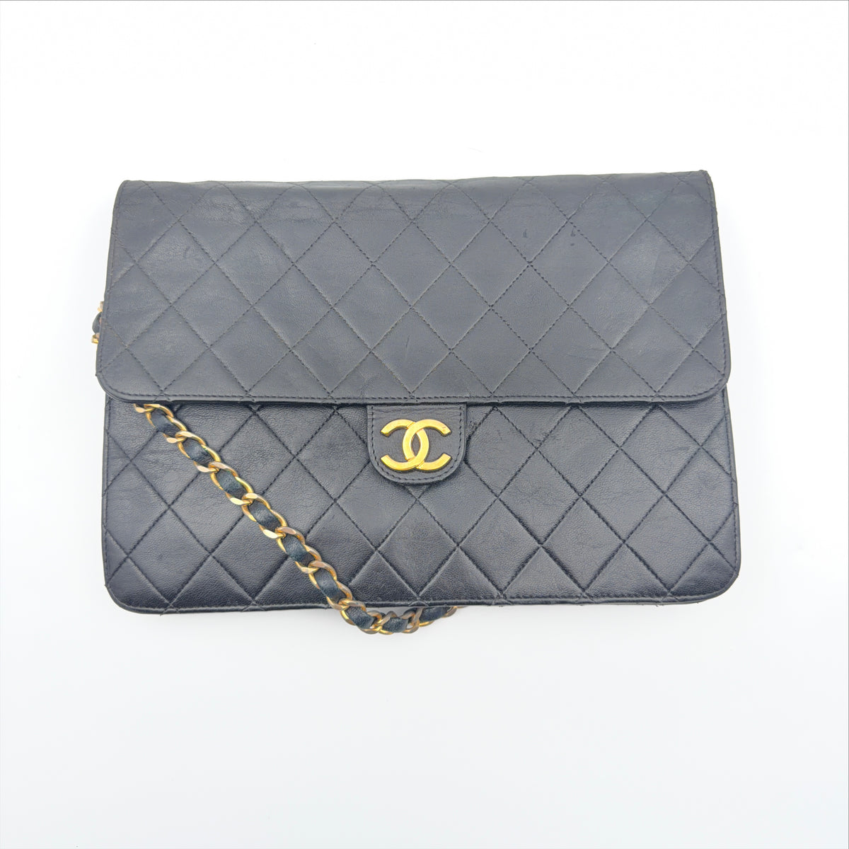 Pre-Owned Black Lambskin Single Flap Shoulder Bag