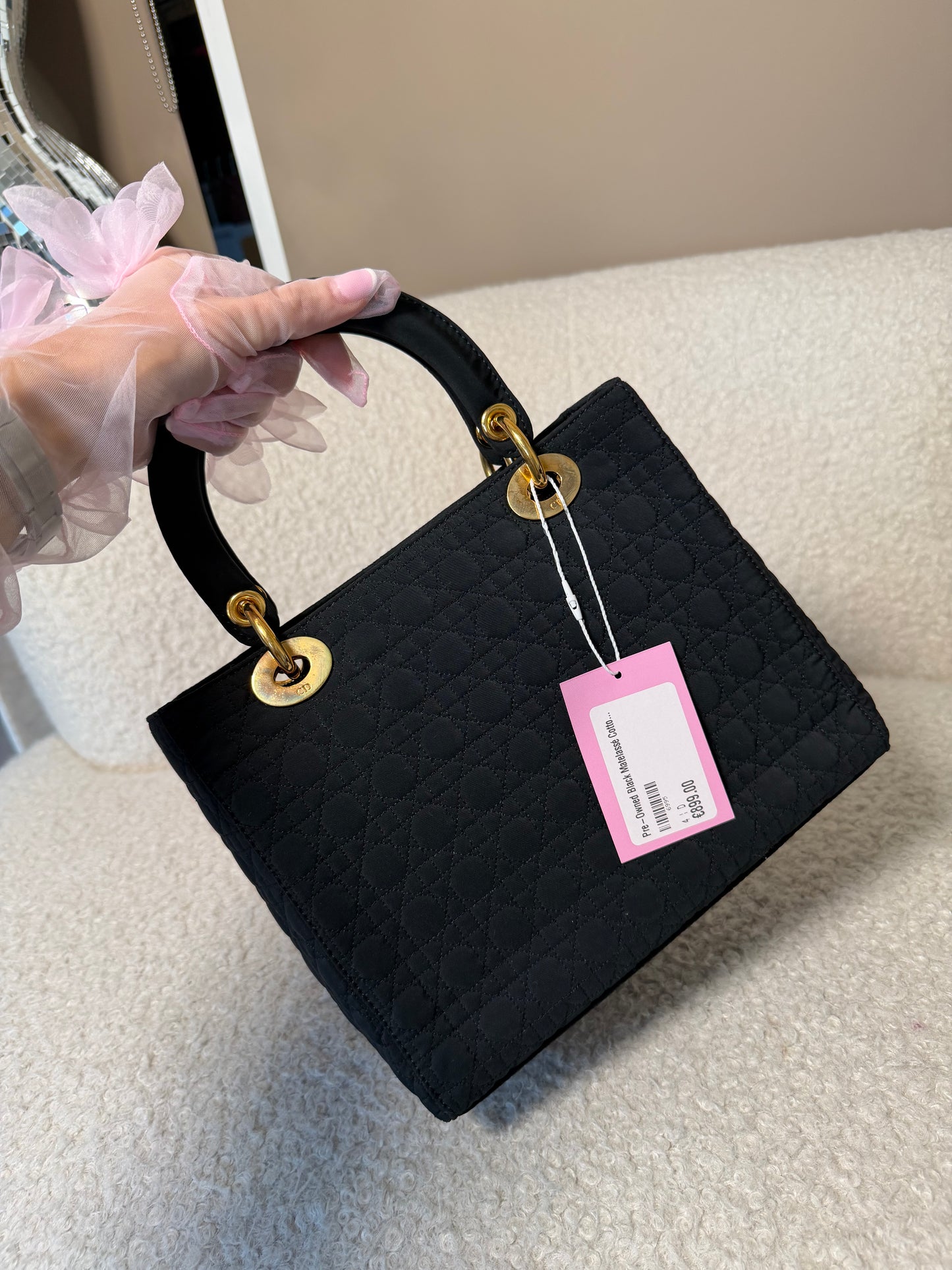 Pre-Owned Black Matelassé Cotton Medium Lady Dior