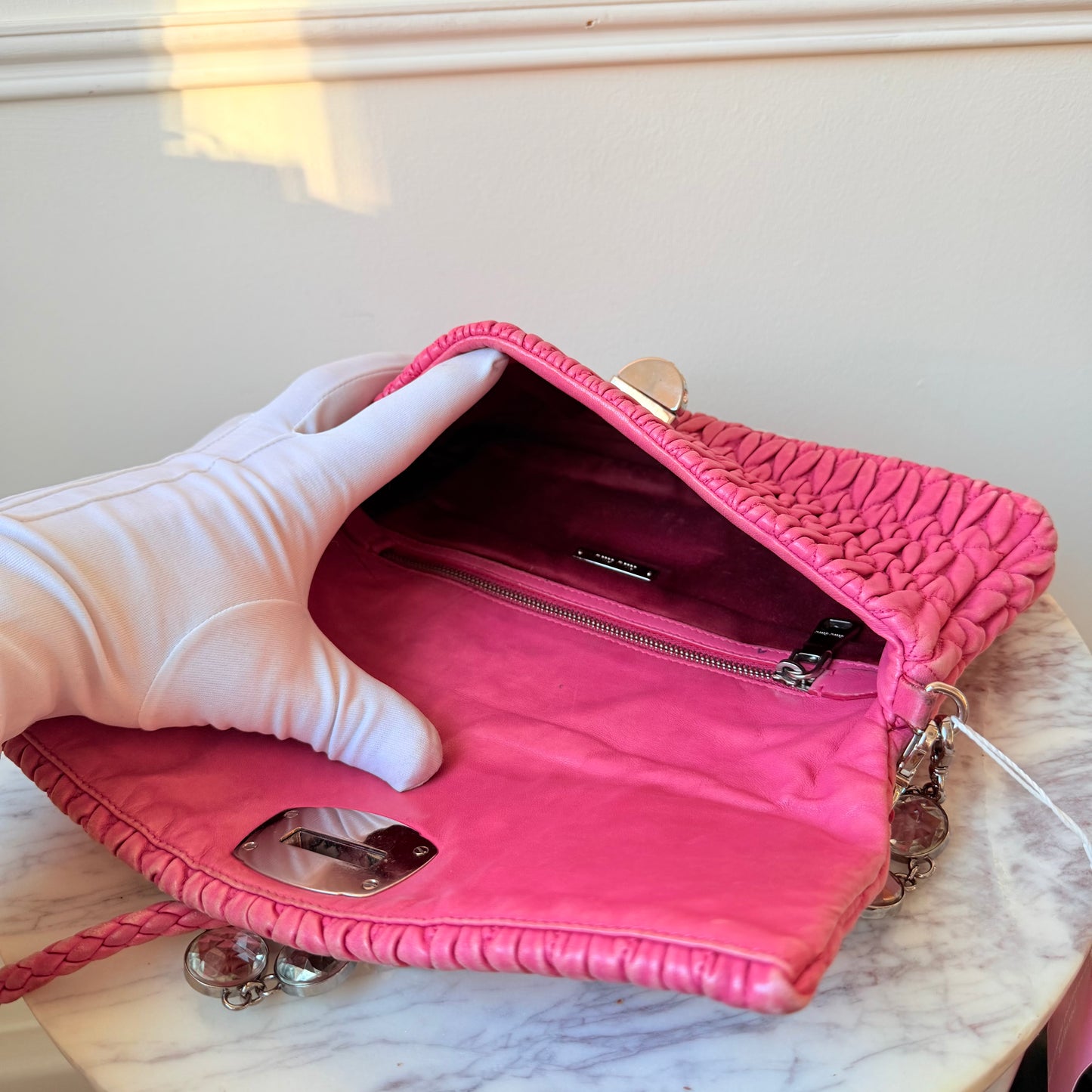 Vintage Pink Ruffled Leather Shoulder Bag with Gemstones