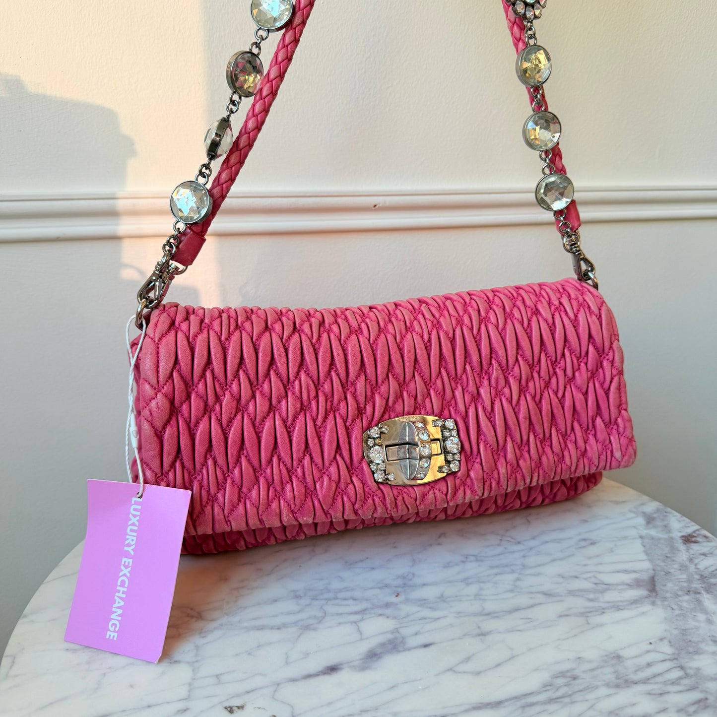 Vintage Pink Ruffled Leather Shoulder Bag with Gemstones