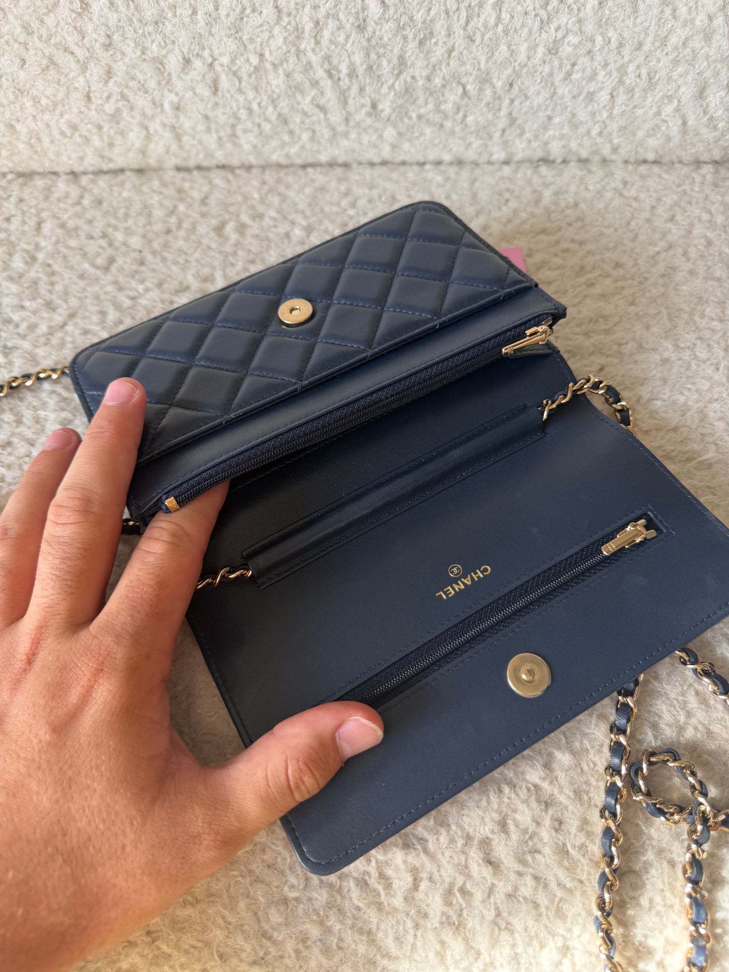Pre-Owned Navy Matelassé Lambskin Leather Wallet on Chain