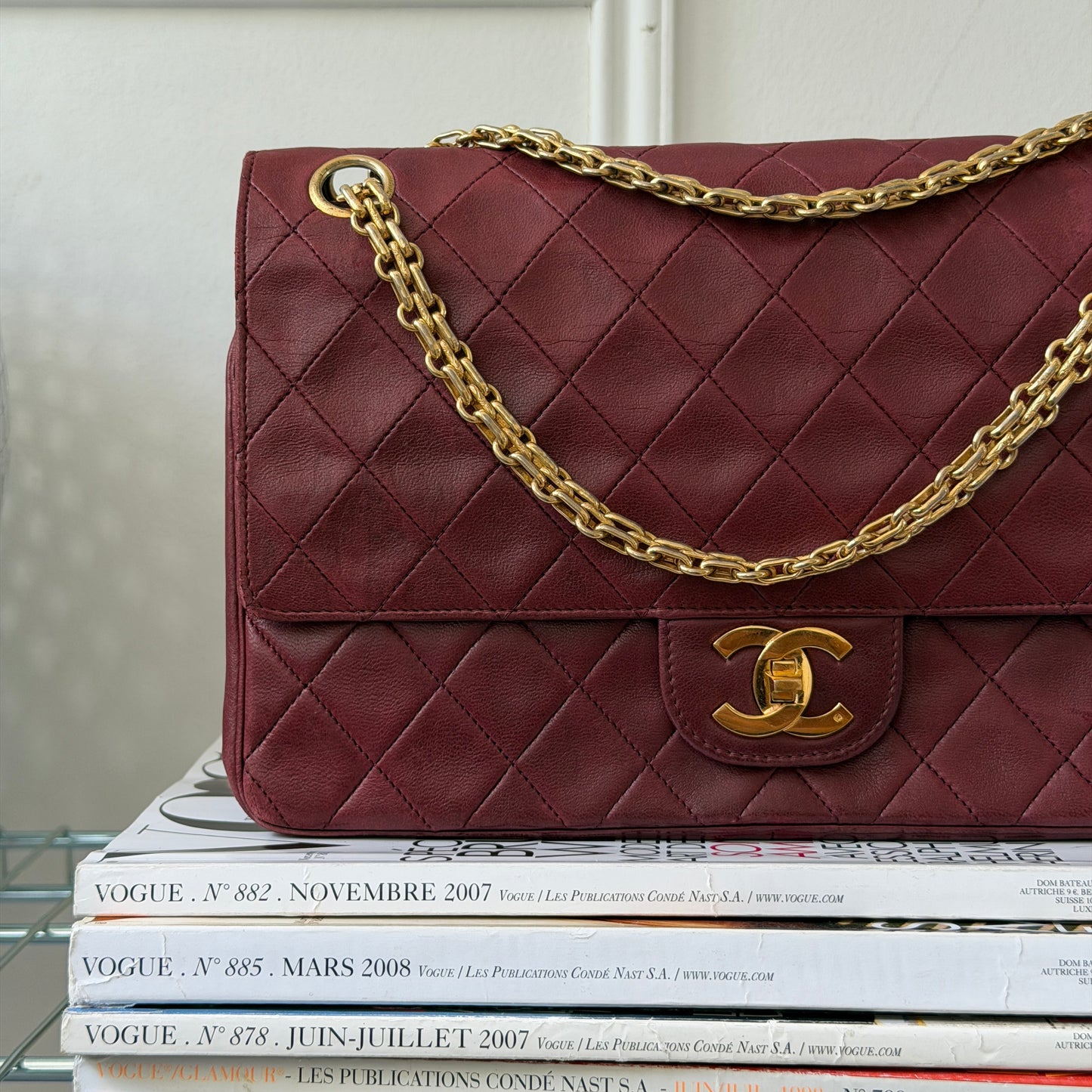 Pre-Owned Bordeaux Lambskin Double Flap Shoulder Bag