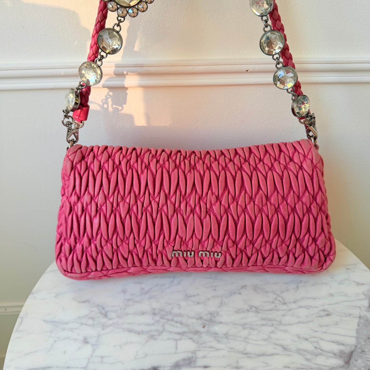 Vintage Pink Ruffled Leather Shoulder Bag with Gemstones