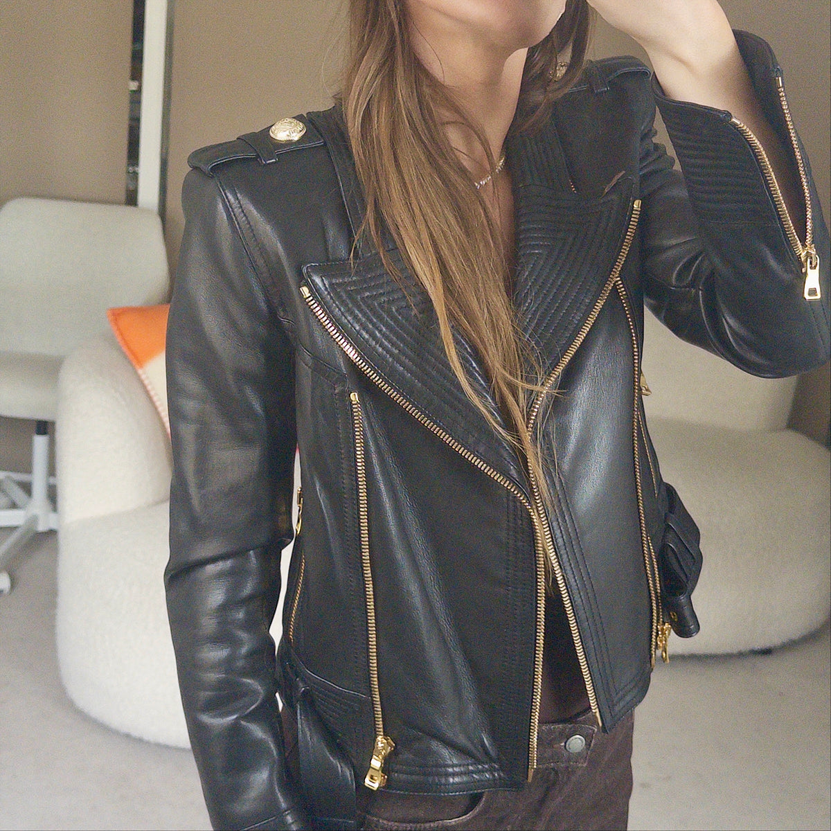 Pre-Owned Black/Gold Detail Leather Jacket (36)