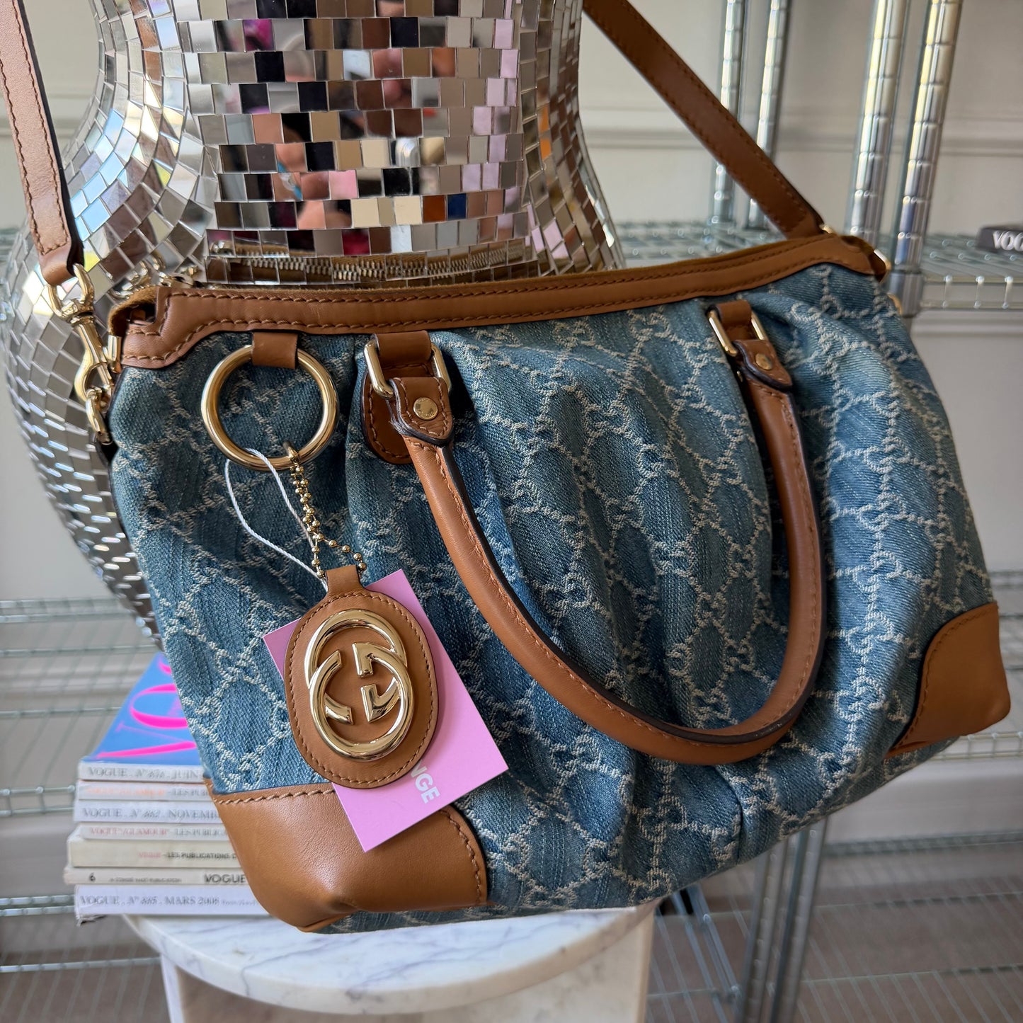 Pre-Owned Blue GG Denim/Leather Crossbody Sukey Tote Bag