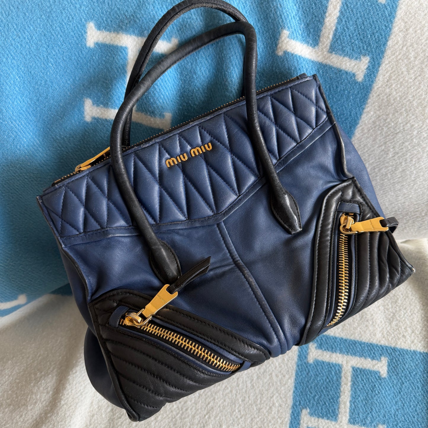 Pre-Owned Blue Leather Motocross Tote Bag
