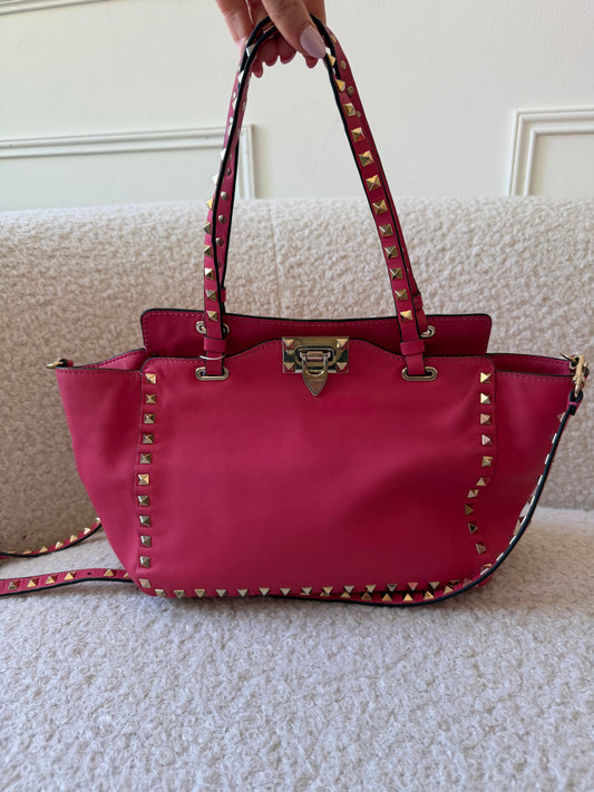 2000s Rouge Leather Rockstud Tote Handbag
