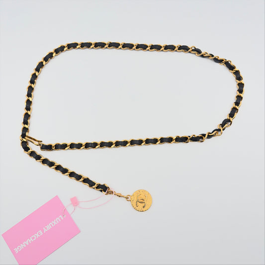 Pre-Owned Black Gold-Plated Chain/Leather Belt