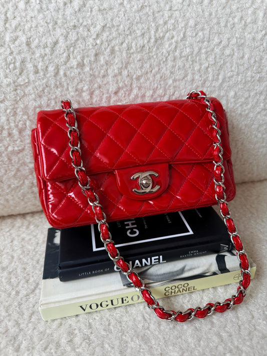 2014 Red Patent Mini Rectangle Classic Flap Silver Tone Hardware