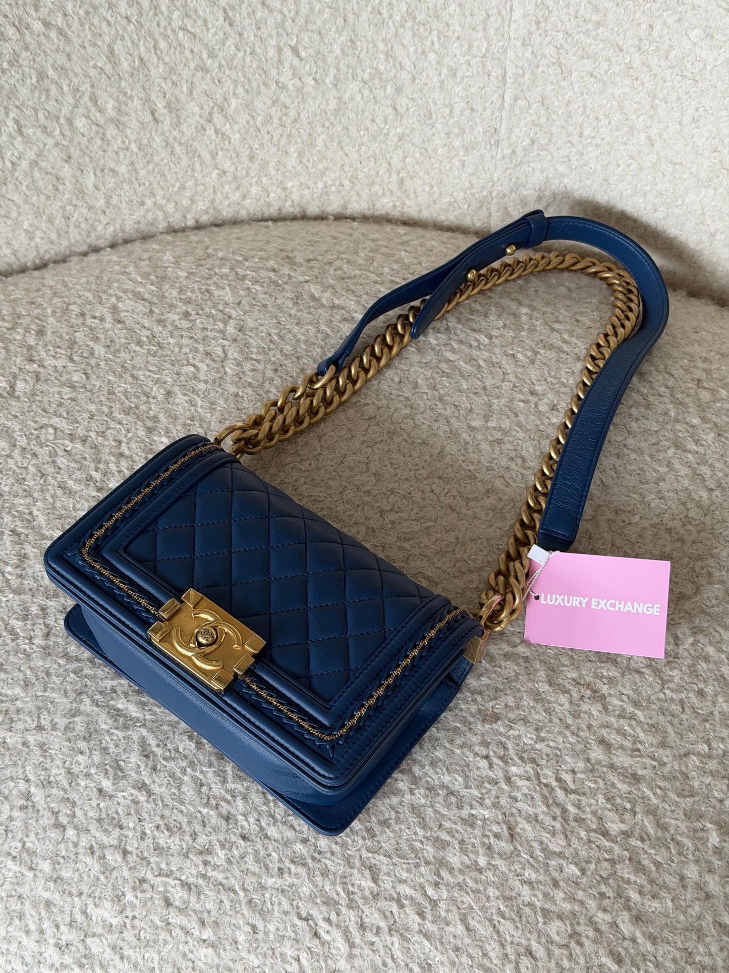 Pre-Owned Navy Lambskin Boy Single Flap