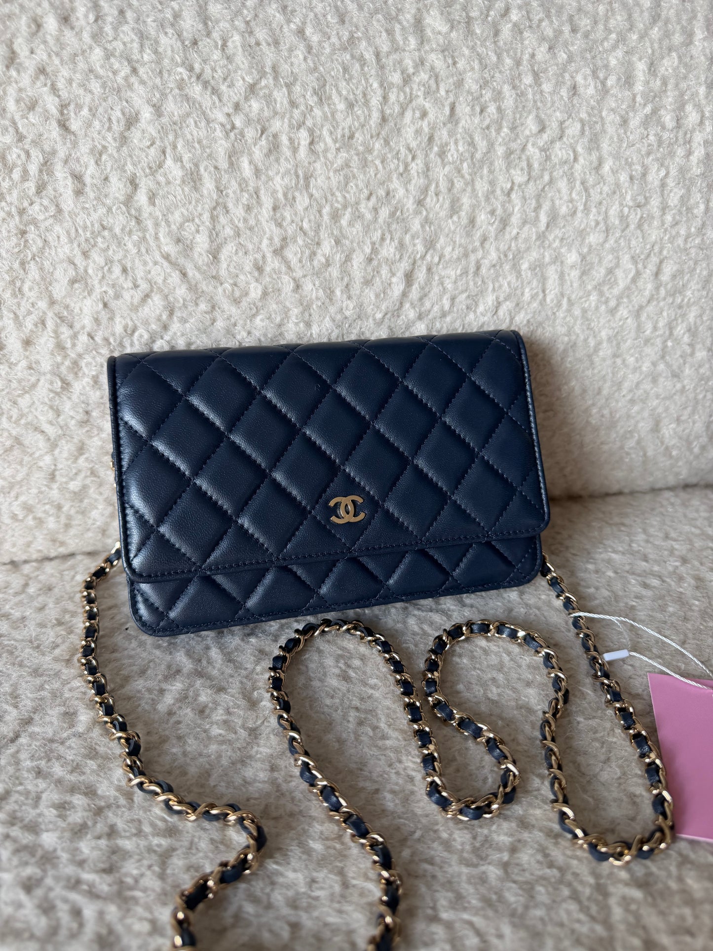 Pre-Owned Navy Matelassé Lambskin Leather Wallet on Chain