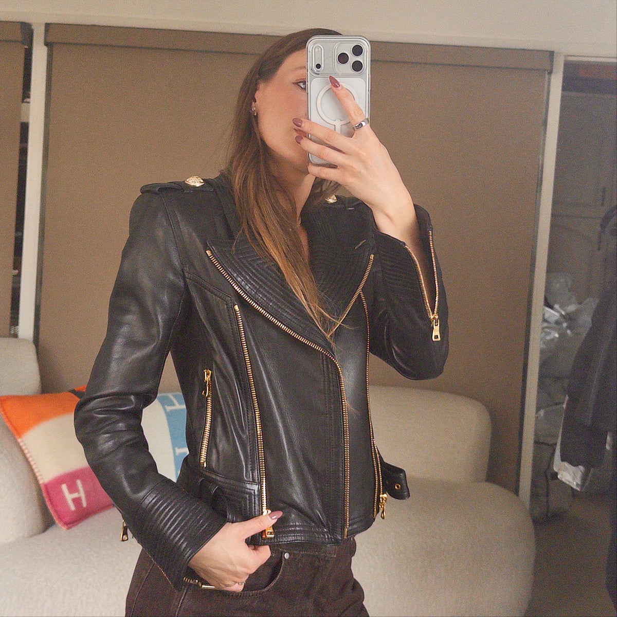 Pre-Owned Black/Gold Detail Leather Jacket (36)