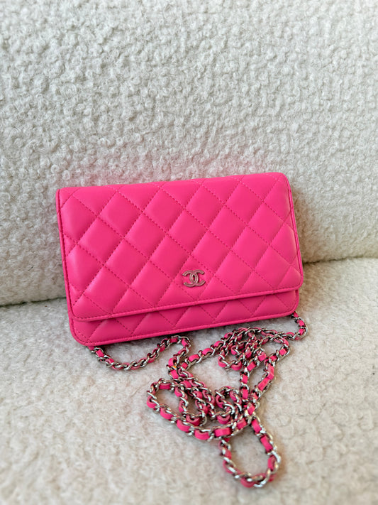 2019 Pink Quilted Lambskin Wallet on Chain Silver Hardware with Glitter CC