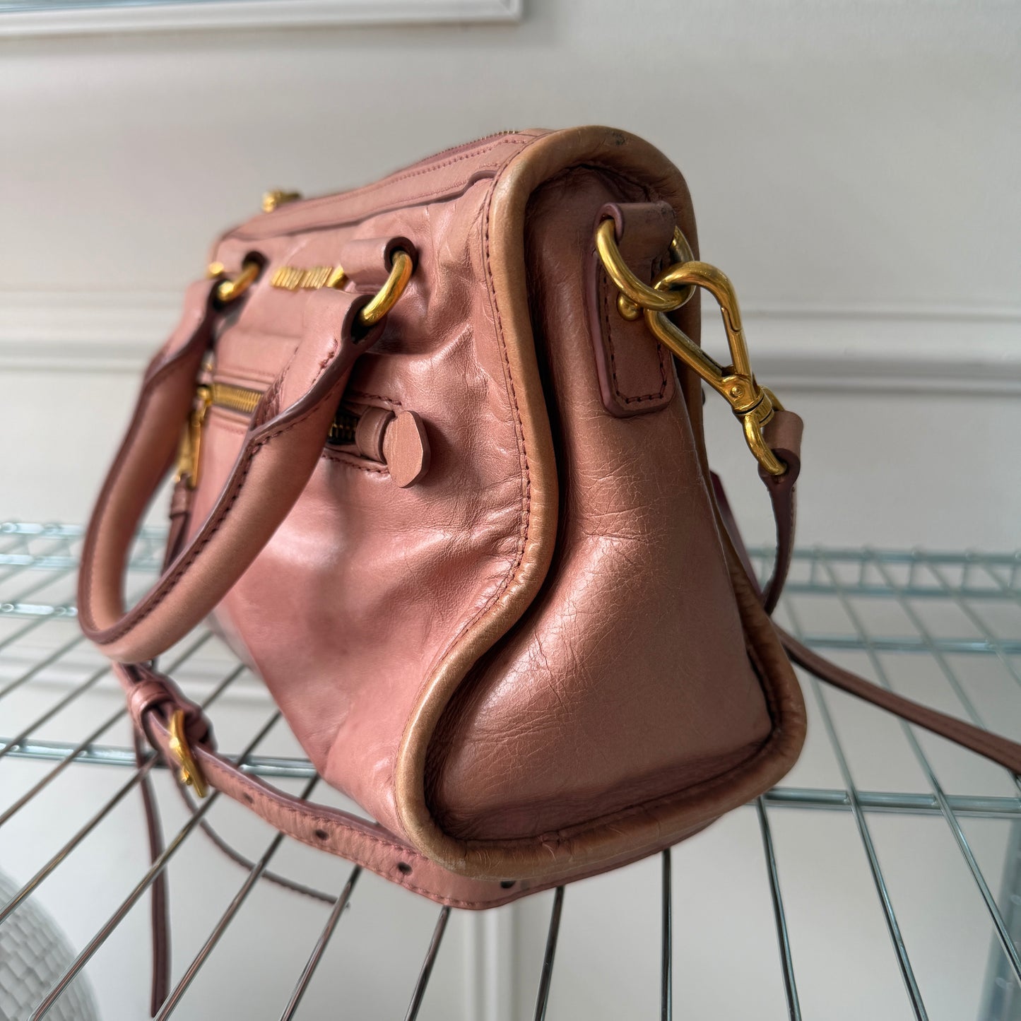 Pre-Owned Pink Leather Crossbody Boston Bag