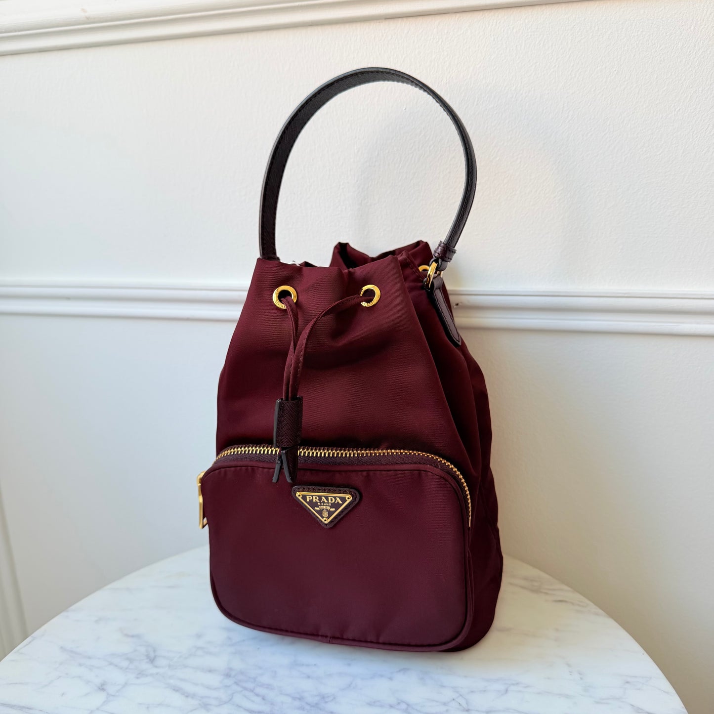 2020s Bordeaux Duet Re-Nylon Crossbody Bucket Bag