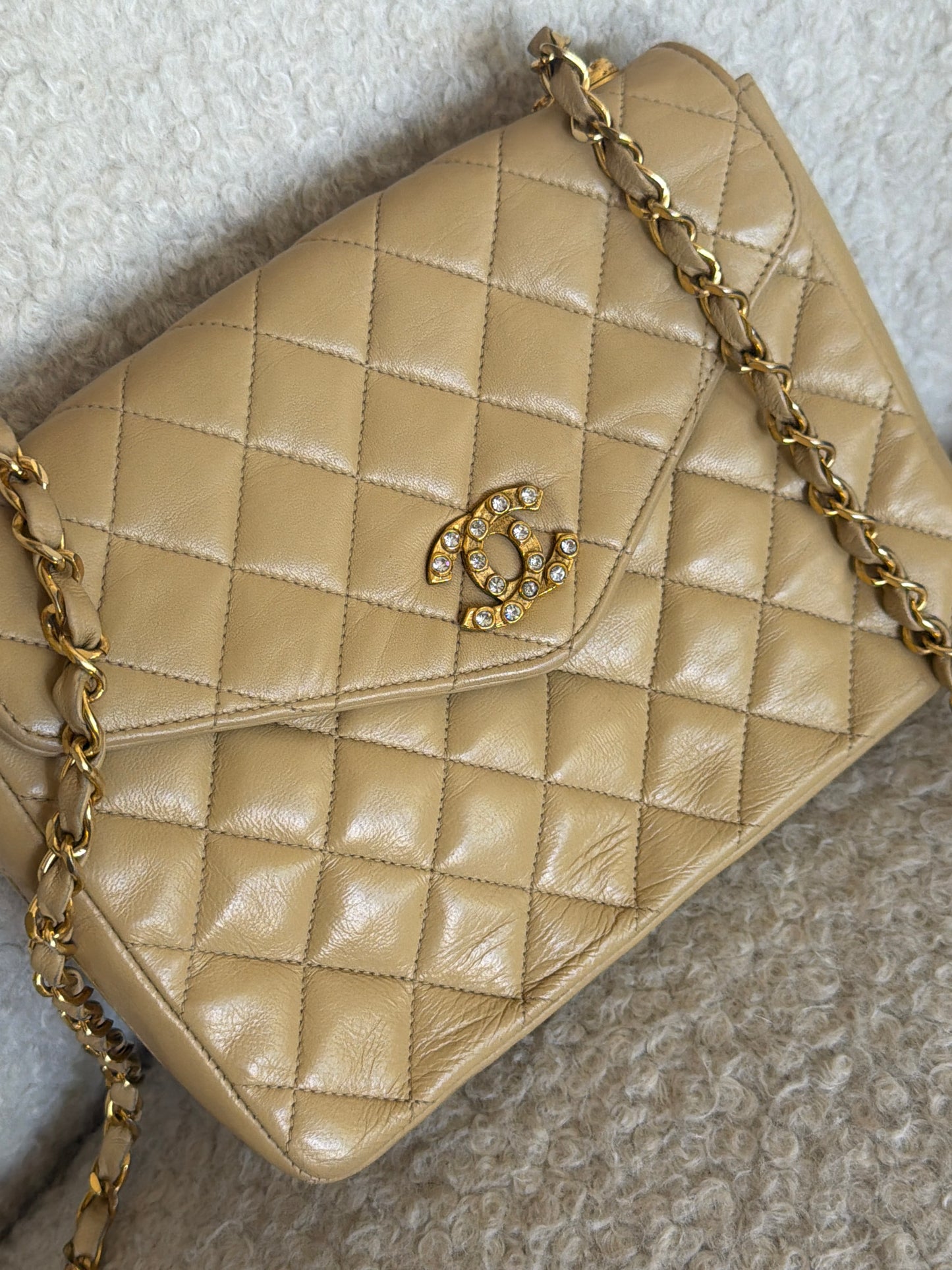 Pre-Owned Beige Jewelled Lambskin Single Flap Shoulder Bag