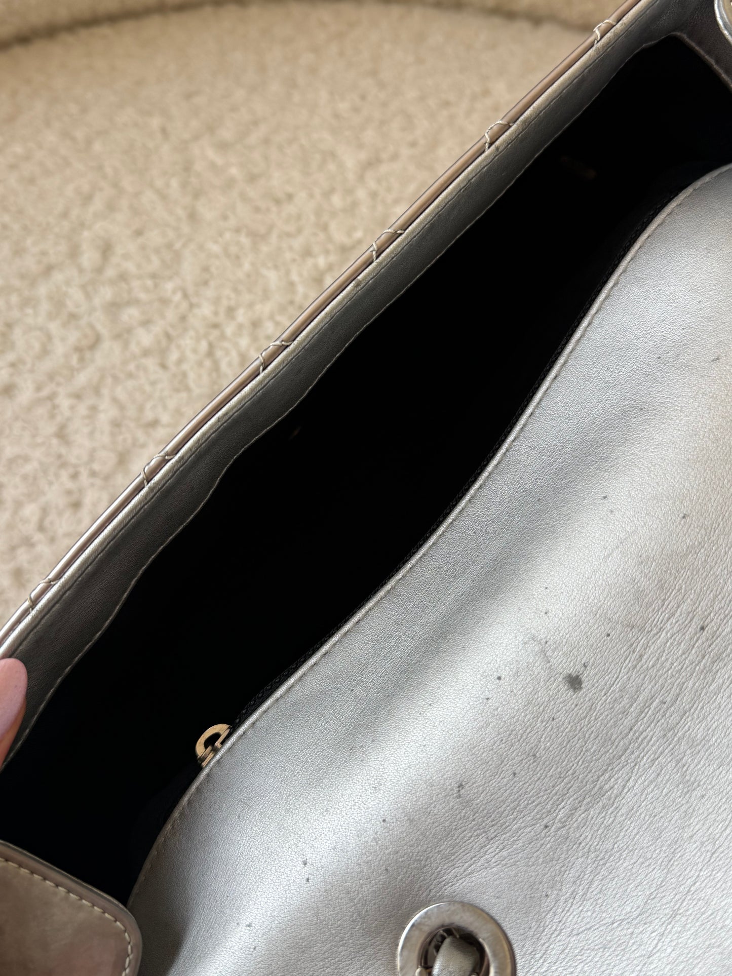 Silver Metallic Patent Single Flap Crossbody Handbag