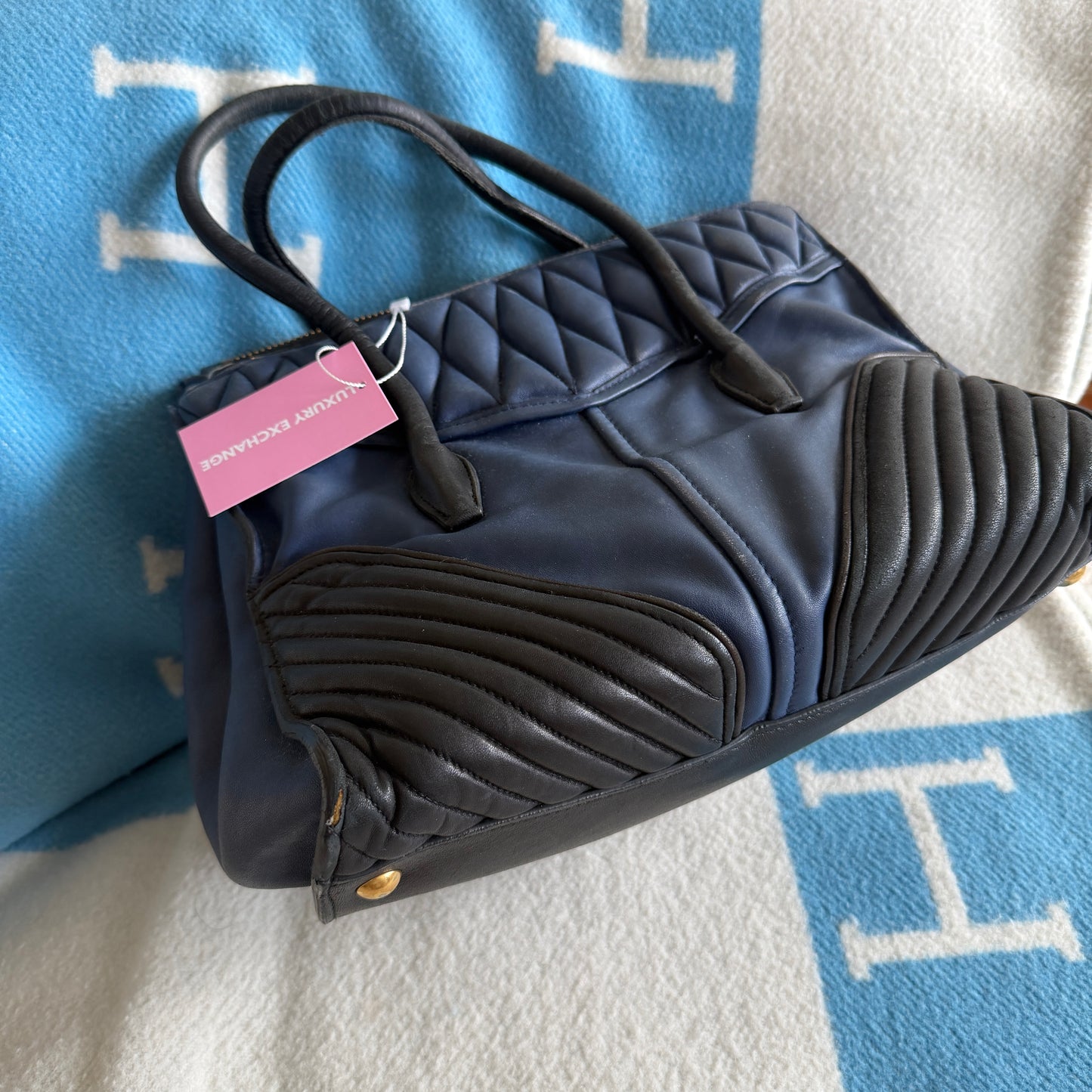 Pre-Owned Blue Leather Motocross Tote Bag